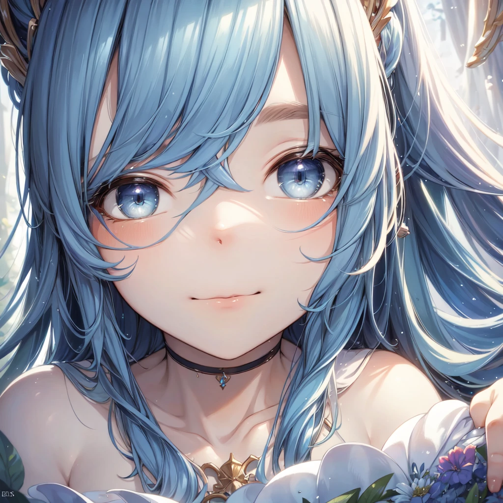 "(best quality, highres), blue-haired girl with long hair, close-up of her face, wearing a white skirt, detailed eyes and face, vibrant colors, soft lighting, digital illustration, ethereal atmosphere