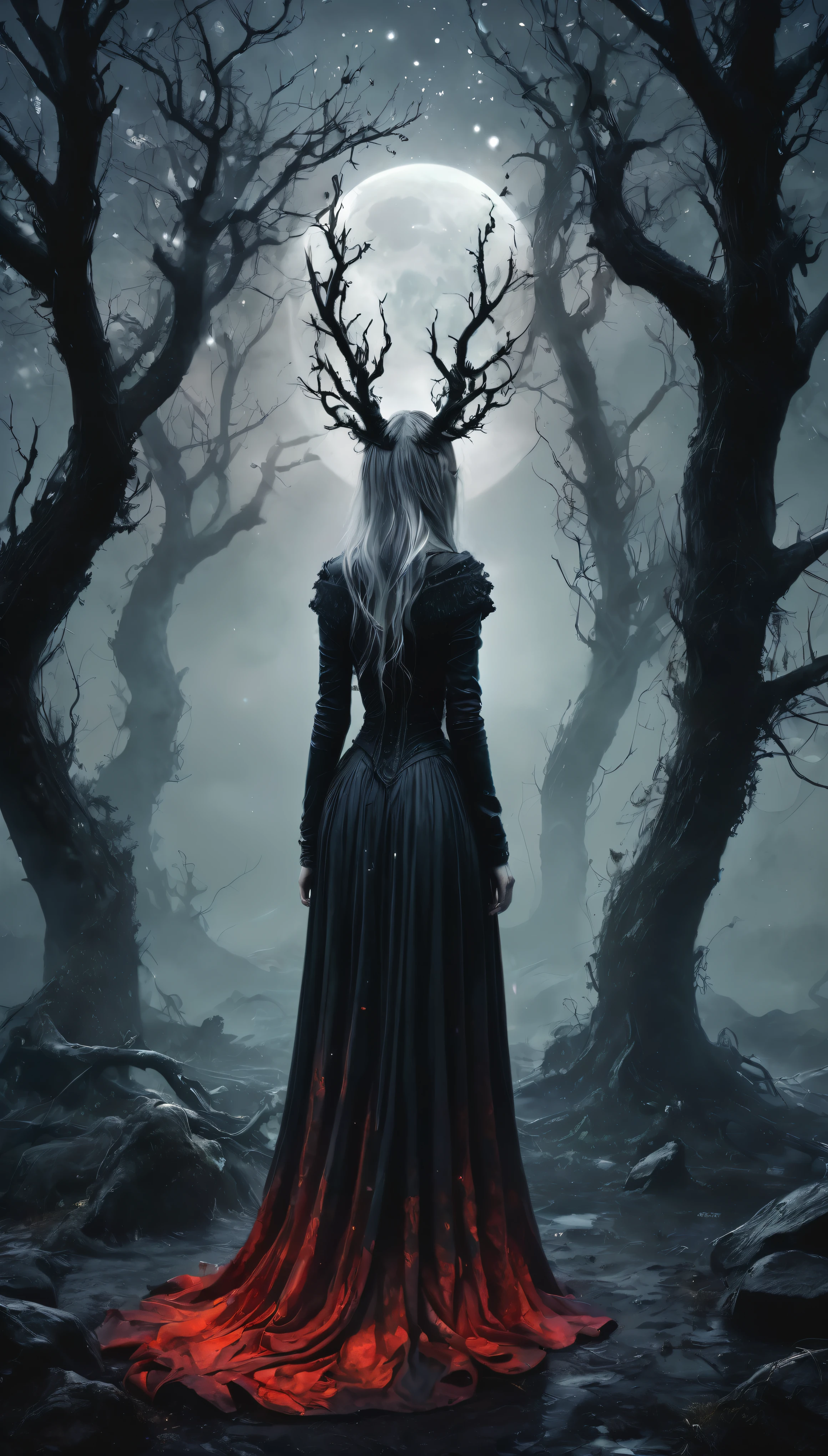A woman in a black dress standing in front of a forest with a full moon ...