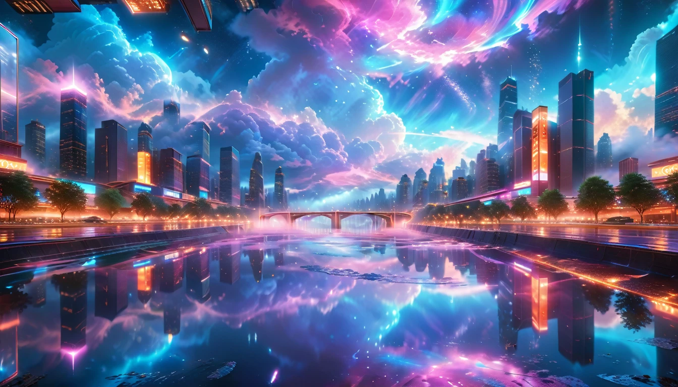 A Masterpiece In 32K Resolution, Supreme Quality, Super Detail, Official Art, Very High-Resolution 32K Wallpaper, Beautiful And Aesthetic, Ultra-Detailed Features, Awe-Inspiring Detail. A Vibrant, Glowing City At Night-Skyscrapers With Dazzling Lights Illuminate The Skyline, Their Reflections Shimmering In A Serene River That Flows Through The City. Above, Nebula-Like Clouds Swirl, And The Night Sky Is Alive With Stars And Distant Galaxies. The Streets Below Pulse With Bioluminescent Energy, Lined With Futuristic Buildings That Glow In Radiant Hues. Soft Mist Rises From The River, Catching The Glow Of The City Lights, As Neon Signs And Holographic Billboards Cast Dynamic, Colorful Patterns On The Surroundings, Creating A Dreamlike, Enchanted Atmosphere. The Entire City Is Bathed In A Surreal Radiance, Blending Technology And Magic Under The Moonlit Sky.