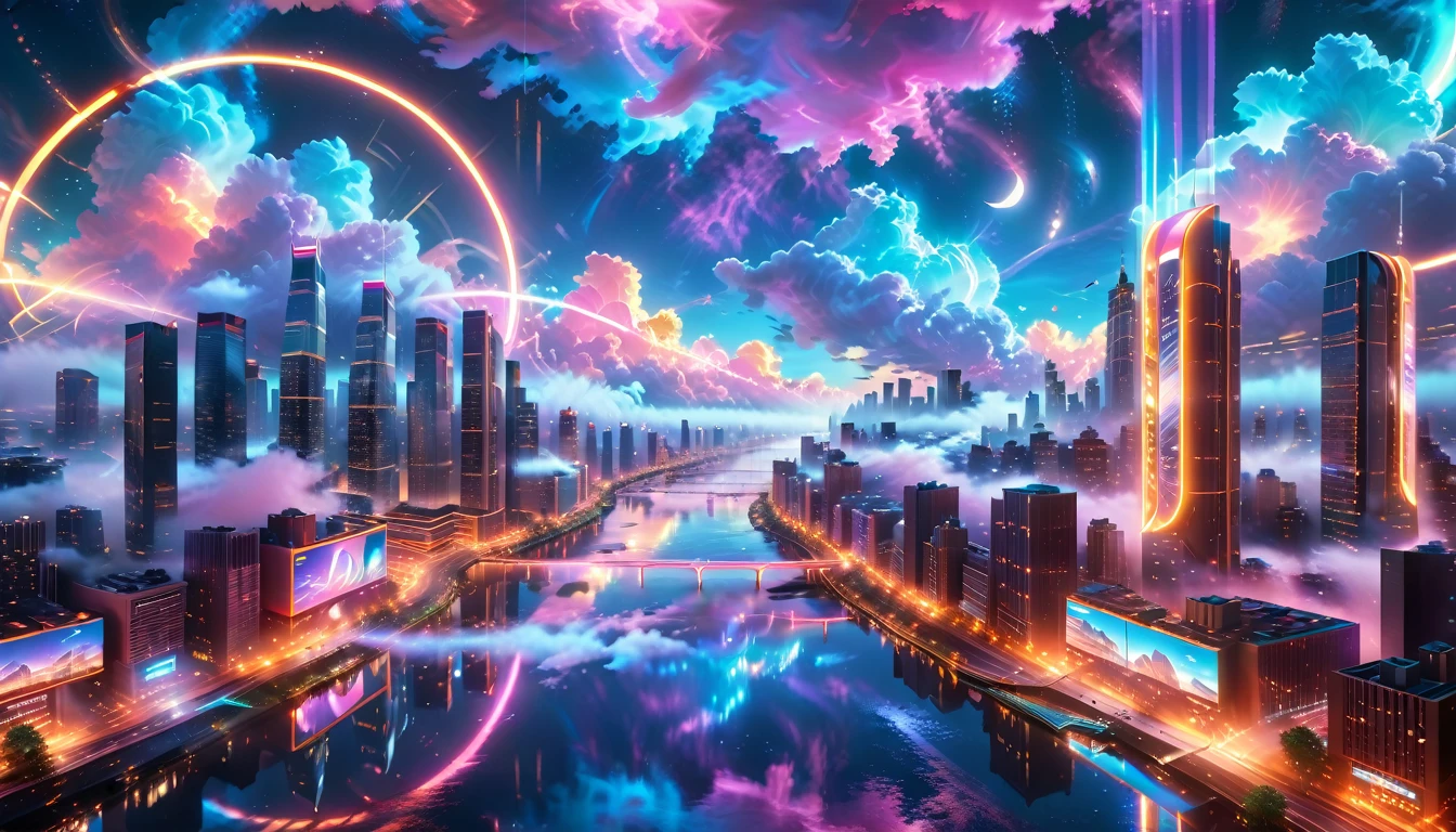 A Masterpiece In 32K Resolution, Supreme Quality, Super Detail, Official Art, Very High-Resolution 32K Wallpaper, Beautiful And Aesthetic, Ultra-Detailed Features, Awe-Inspiring Detail. A Vibrant, Glowing City At Night-Skyscrapers With Dazzling Lights Illuminate The Skyline, Their Reflections Shimmering In A Serene River That Flows Through The City. Above, Nebula-Like Clouds Swirl, And The Night Sky Is Alive With Stars And Distant Galaxies. The Streets Below Pulse With Bioluminescent Energy, Lined With Futuristic Buildings That Glow In Radiant Hues. Soft Mist Rises From The River, Catching The Glow Of The City Lights, As Neon Signs And Holographic Billboards Cast Dynamic, Colorful Patterns On The Surroundings, Creating A Dreamlike, Enchanted Atmosphere. The Entire City Is Bathed In A Surreal Radiance, Blending Technology And Magic Under The Moonlit Sky.