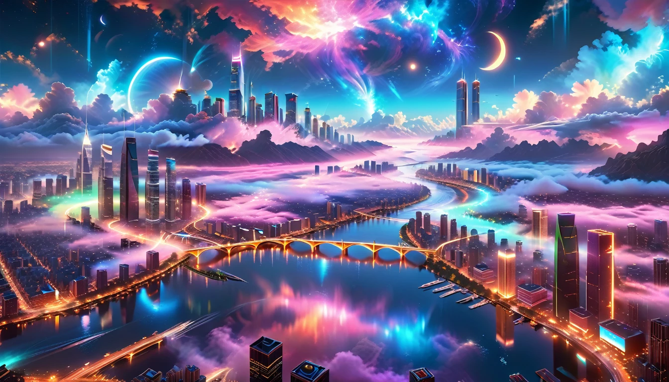 A Masterpiece In 32K Resolution, Supreme Quality, Super Detail, Official Art, Very High-Resolution 32K Wallpaper, Beautiful And Aesthetic, Ultra-Detailed Features, Awe-Inspiring Detail. A Vibrant, Glowing City At Night-Skyscrapers With Dazzling Lights Illuminate The Skyline, Their Reflections Shimmering In A Serene River That Flows Through The City. Above, Nebula-Like Clouds Swirl, And The Night Sky Is Alive With Stars And Distant Galaxies. The Streets Below Pulse With Bioluminescent Energy, Lined With Futuristic Buildings That Glow In Radiant Hues. Soft Mist Rises From The River, Catching The Glow Of The City Lights, As Neon Signs And Holographic Billboards Cast Dynamic, Colorful Patterns On The Surroundings, Creating A Dreamlike, Enchanted Atmosphere. The Entire City Is Bathed In A Surreal Radiance, Blending Technology And Magic Under The Moonlit Sky.