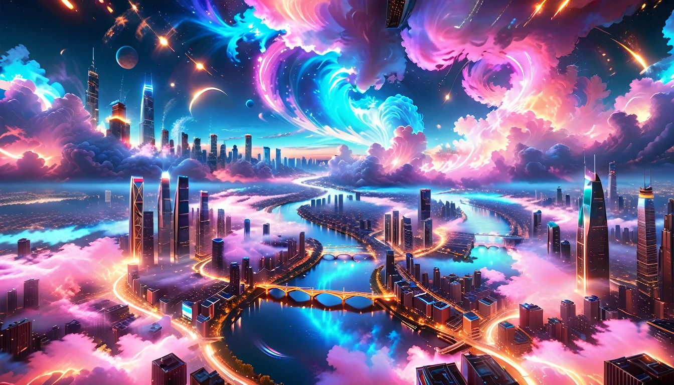 A Masterpiece In 32K Resolution, Supreme Quality, Super Detail, Official Art, Very High-Resolution 32K Wallpaper, Beautiful And Aesthetic, Ultra-Detailed Features, Awe-Inspiring Detail. A Vibrant, Glowing City At Night-Skyscrapers With Dazzling Lights Illuminate The Skyline, Their Reflections Shimmering In A Serene River That Flows Through The City. Above, Nebula-Like Clouds Swirl, And The Night Sky Is Alive With Stars And Distant Galaxies. The Streets Below Pulse With Bioluminescent Energy, Lined With Futuristic Buildings That Glow In Radiant Hues. Soft Mist Rises From The River, Catching The Glow Of The City Lights, As Neon Signs And Holographic Billboards Cast Dynamic, Colorful Patterns On The Surroundings, Creating A Dreamlike, Enchanted Atmosphere. The Entire City Is Bathed In A Surreal Radiance, Blending Technology And Magic Under The Moonlit Sky.