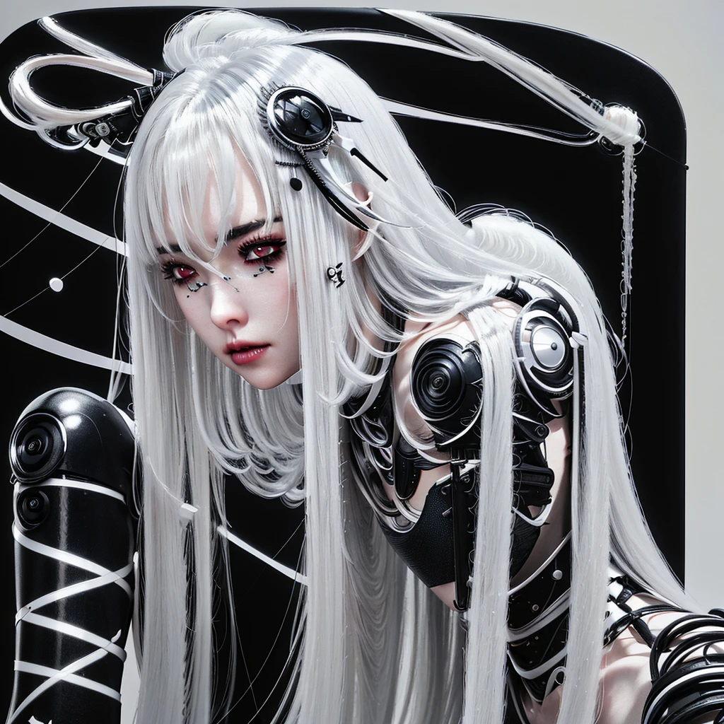 Close up of woman with long white hair wearing black and silver clothing, Robot-Silver Hair Girl, Beautiful white girl robot, Perfect robot girl, Cute girl, 3D rendering character art 8K, beautiful robot girl beautiful robot girl cyberpunk anime girl beautiful robot! Perfect animated cyborg female cyborg girl beautiful eyes