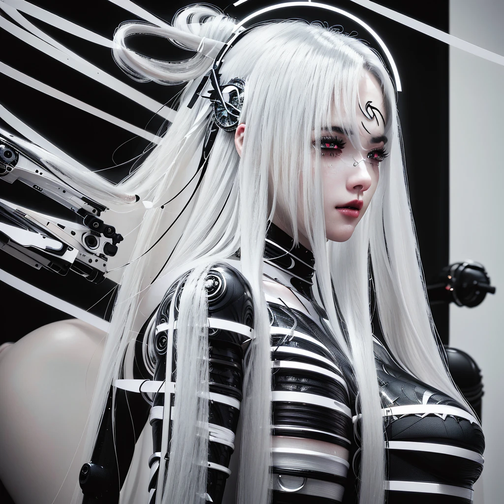 Close up of woman with long white hair wearing black and silver clothing, Robot-Silver Hair Girl, Beautiful white girl robot, Perfect robot girl, Cute girl, 3D rendering character art 8K, beautiful robot girl beautiful robot girl cyberpunk anime girl beautiful robot! Perfect animated cyborg female cyborg girl beautiful eyes