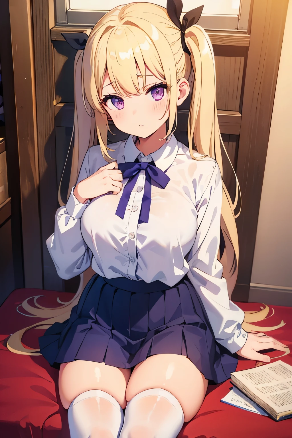 1 girl, solo, face of disgust, blond hair, long hair, blue eyes, looking at viewer, sitting, school uniform, lifted her blouse, showing breasts, skirt falls down, pussy, cum on body, sweated, cum in pussy