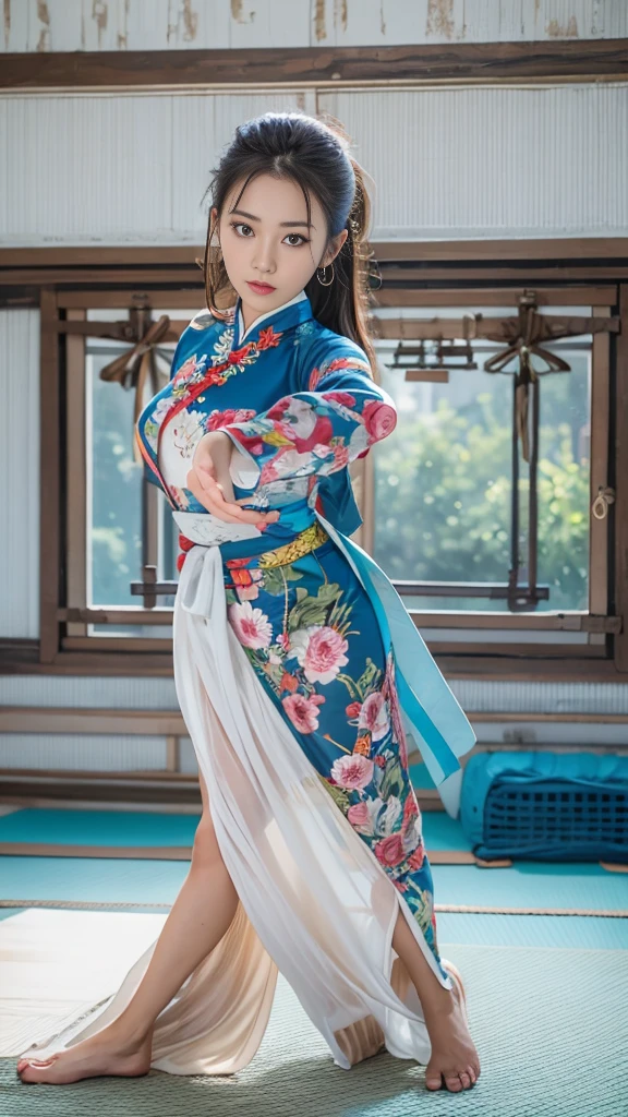 ベトナムのBlue Ao Dai衣装を着て、(Blue Ao Dai,Long and large slit),Japanese woman doing a high kick、(Long legs、Model body type,Large Breasts)、The high kick leg is extended above the head,Her legs are beautiful and long。Front View,Full body portrait,Martial arts practice in a beautiful and majestic martial arts room,