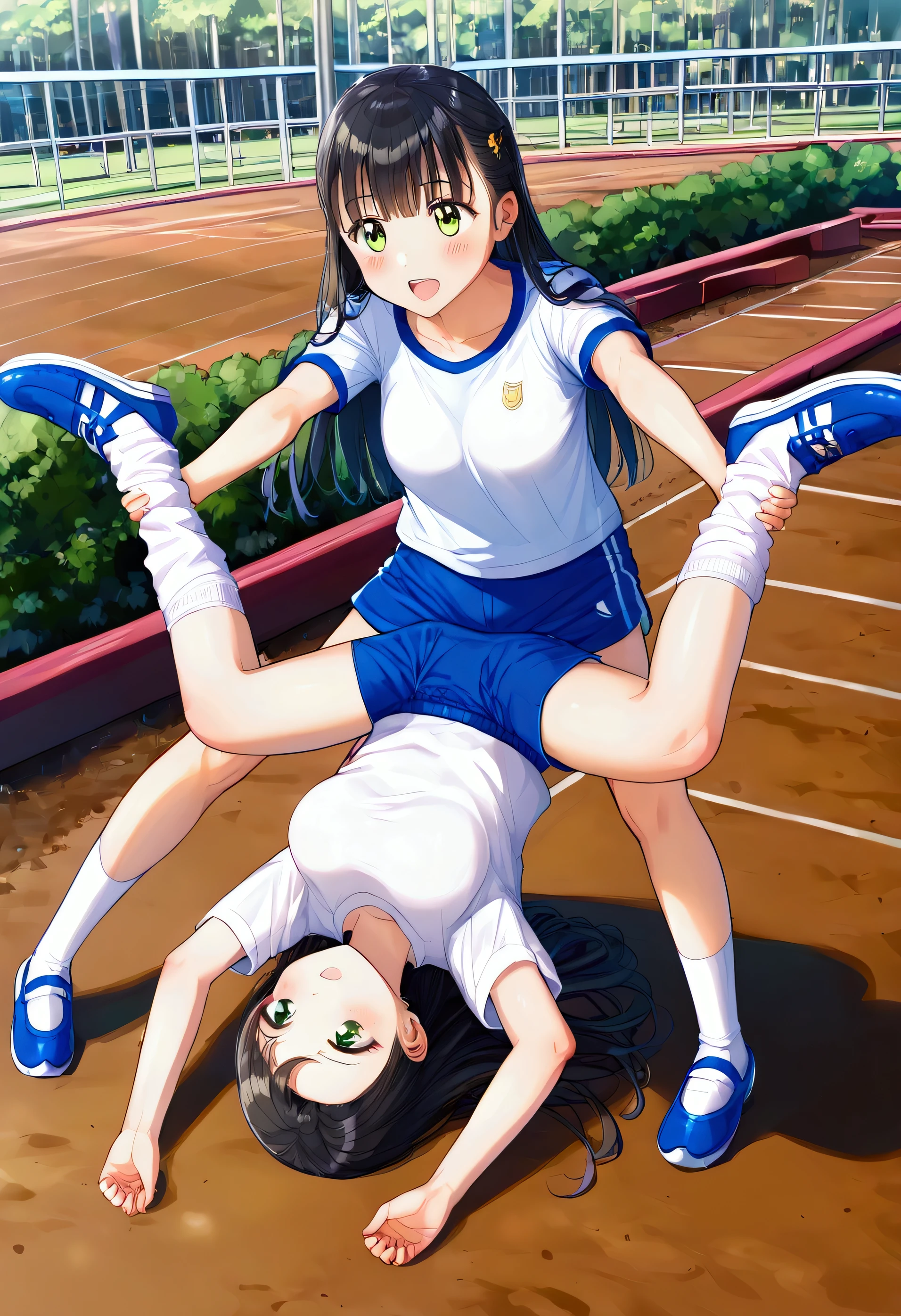 anime,((Best Quality, 8k, masterpiece: 1.3)),people間の***,１people,１peopleで,((Petite,Glamorous Body,Curvy)),cute,Eyes raised and teeth clenched,,((Long black hair)),Beautiful emerald green eyes,(((A track in a school playground,Sports festival events,The gallery goes wild,White T-shirt,Navy blue shorts,White socks,Blue sports shoes)),(((Place both hands on the ground and extend your arms,Extend both legs vertically,Do a handstand))),((((Whole body))),