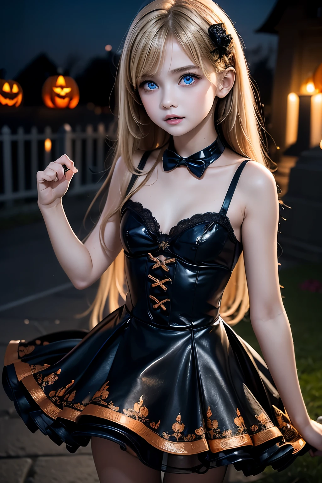 masterpiece,Best Quality,Very detailed,beautiful girl, ager,Halloween Dresses,Halloween decorations,Cemetery at night,Small breasts,Narrow waist,Blonde,Perfect Blue Eyes,Very cute,Active pose