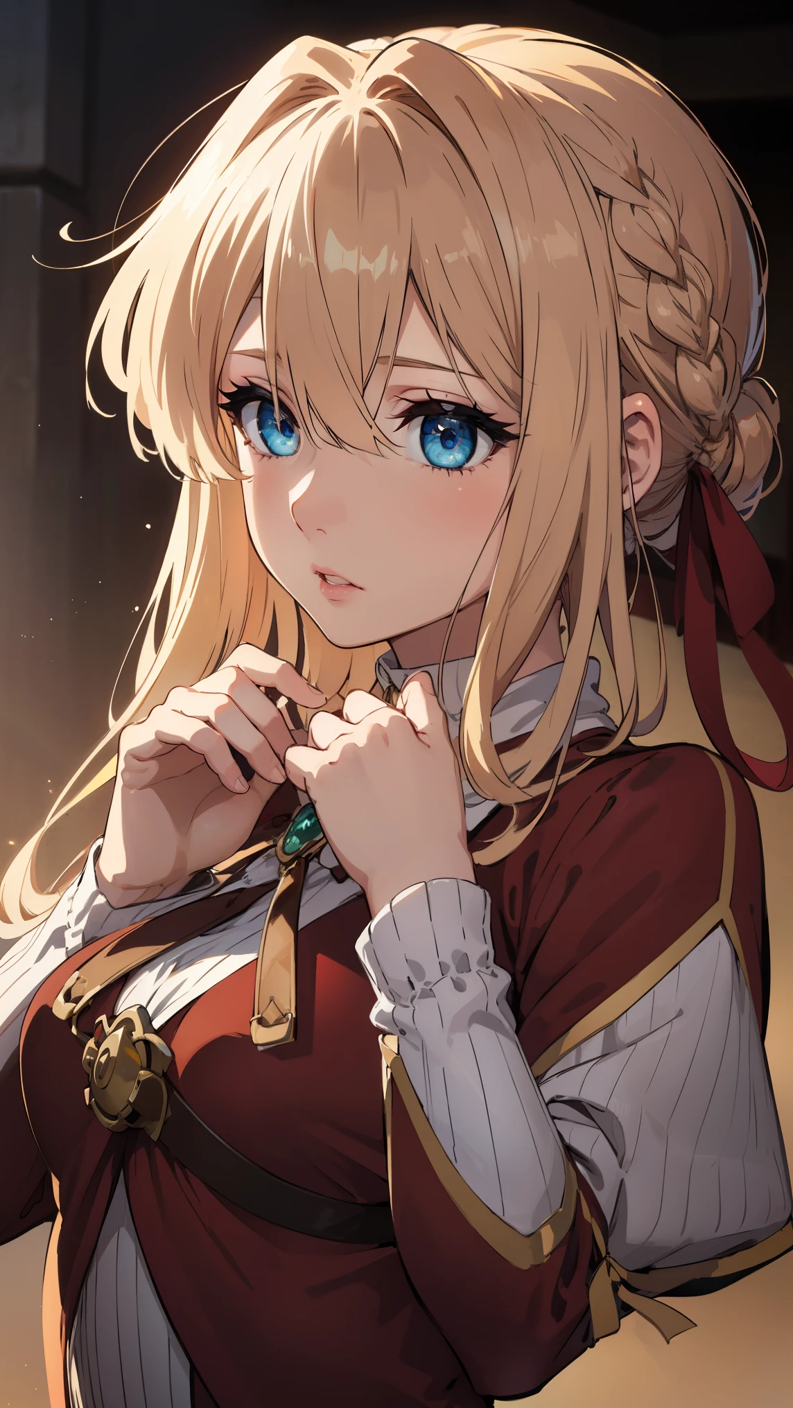 violet evergarden, braid, hair ribbon, red ribbon, jewelry,
BREAK (red dress:1.2),
BREAK (masterpiece:1.2), best quality, high resolution, unity 8k wallpaper, (illustration:0.8), (beautiful detailed eyes:1.6), extremely detailed face, perfect lighting, extremely detailed CG, (perfect hands, perfect anatomy),