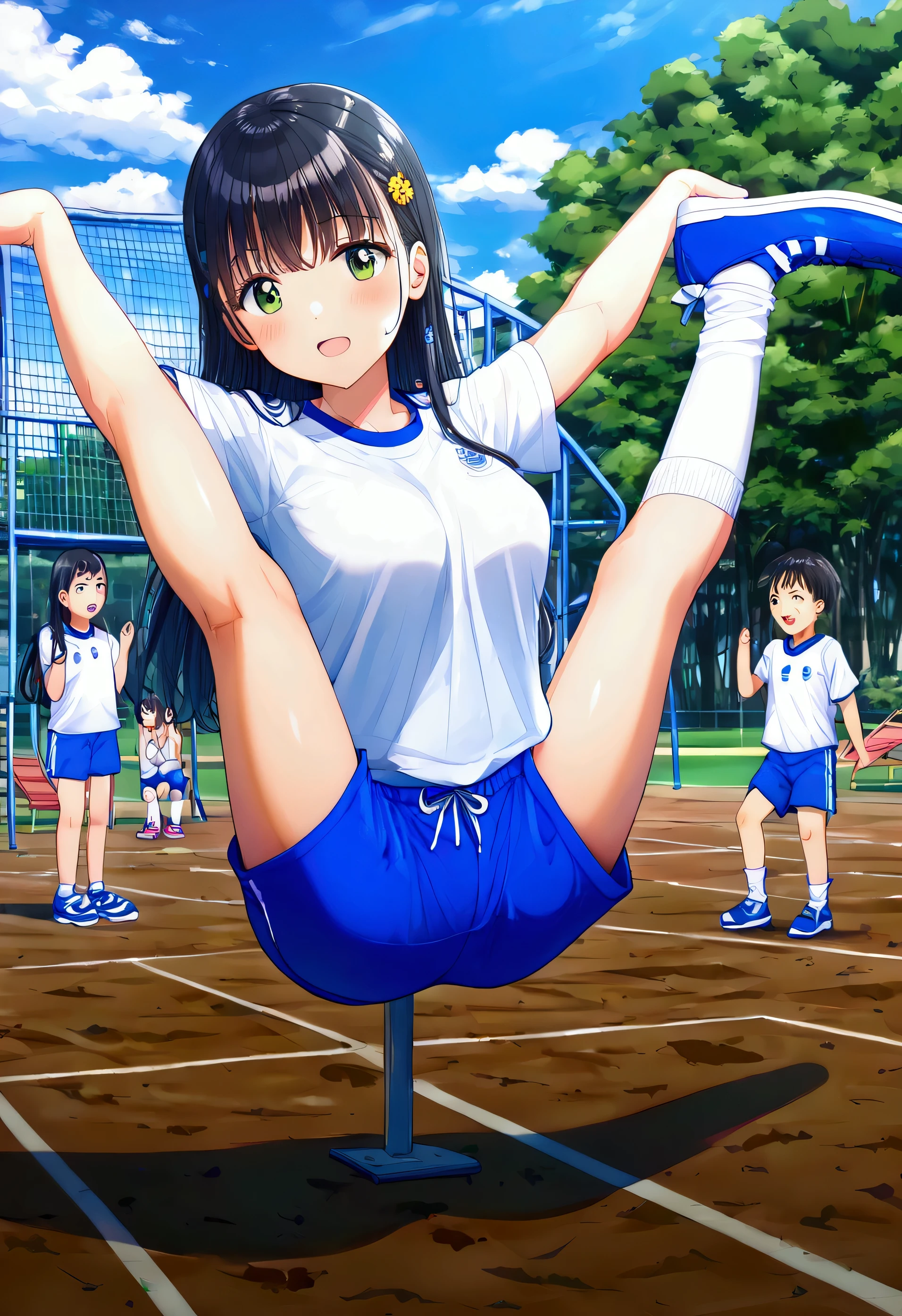 anime,((Best Quality, 8k, masterpiece: 1.3)),people間の***,１people,１peopleで,((Petite,Glamorous Body,Curvy)),cute,Eyes raised and teeth clenched,,((Long black hair)),Beautiful emerald green eyes,(((A track in a school playground,Sports festival events,The gallery goes wild,White T-shirt,Navy blue shorts,White socks,Blue sports shoes)),(((Place both hands on the ground and extend your arms,Extend both legs vertically,Do a handstand))),((((Whole body))),