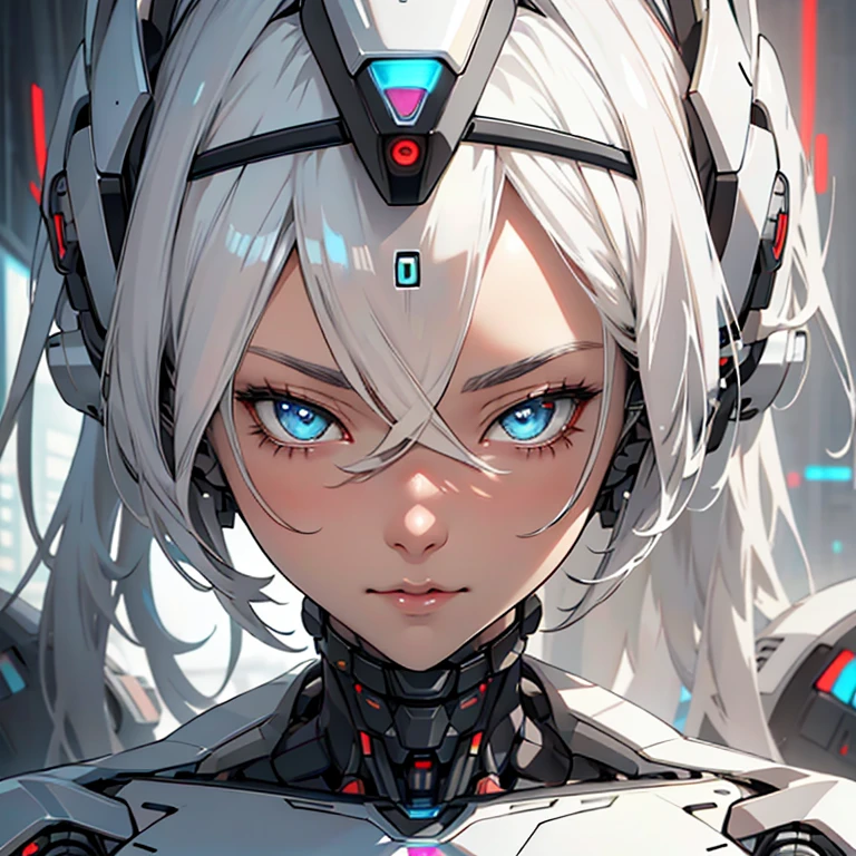 Close up of woman with long white hair wearing black and silver clothing, Robot-Silver Hair Girl, Beautiful white girl robot, Perfect robot girl, Cute girl, 3D rendering character art 8K, beautiful robot girl beautiful robot girl cyberpunk anime girl beautiful robot! Perfect animated cyborg female cyborg girl beautiful eyes