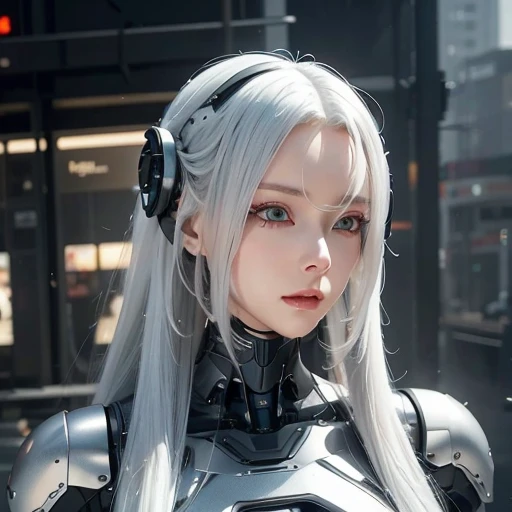 Close up of woman with long white hair wearing black and silver clothing, Robot-Silver Hair Girl, Beautiful white girl robot, Perfect robot girl, Cute girl, 3D rendering character art 8K, beautiful robot girl beautiful robot girl cyberpunk anime girl beautiful robot! Perfect animated cyborg female cyborg girl beautiful eyes