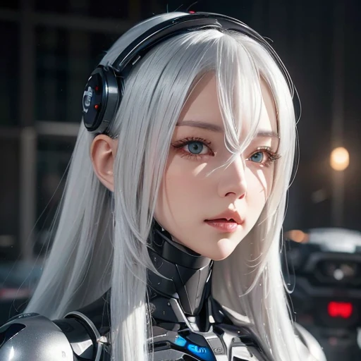 Close up of woman with long white hair wearing black and silver clothing, Robot-Silver Hair Girl, Beautiful white girl robot, Perfect robot girl, Cute girl, 3D rendering character art 8K, beautiful robot girl beautiful robot girl cyberpunk anime girl beautiful robot! Perfect animated cyborg female cyborg girl beautiful eyes