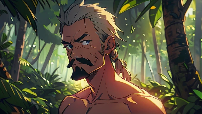 naked old man, jungle, facial hair, waist high portrait