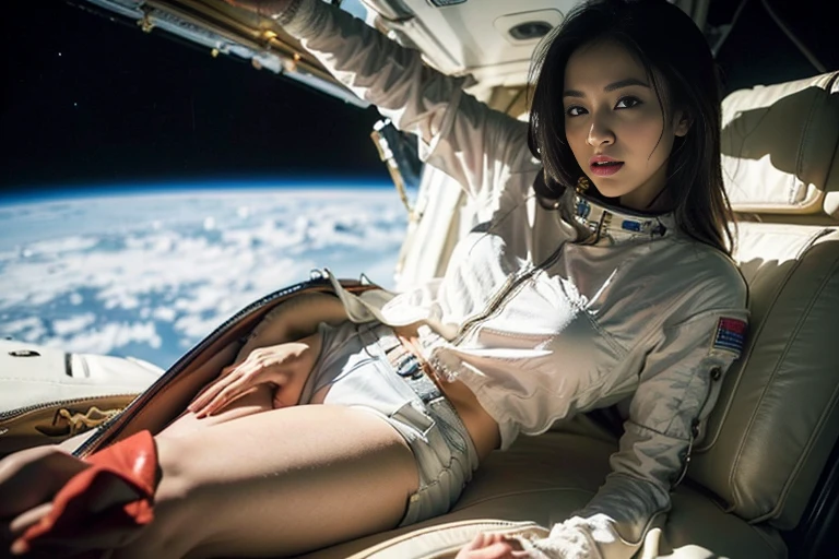 Japanese girl and milkyway, best quality, masterpiece, in starship, zero gravity