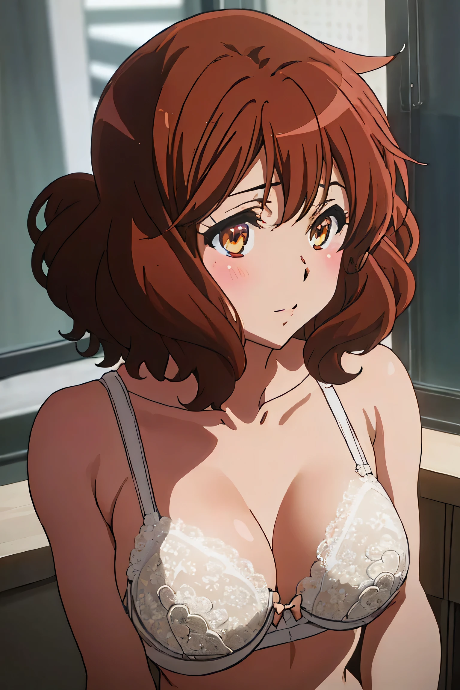 nsfw,slender,Middle chest,Kyoto Animation,Please redeem, High resolution, unity 8k wallpaper, (shape:0.8), (detailed and beautiful eye:1.6), Detailed face, perfect lighting, Detailed CG, (Perfect hands, perfect anatomy),masterpiece,High resolution,perfect anatomy,Anime key visual,detailed and beautiful eye,Please redeem,unity 8k wallpaper,Ultra-Dense Skin,White skin,Please redeem, masterpiece, {Your chin_Kumiko_Sound！Euphonium:1.15}, brown_hair, short_hair, brown_eye, , front hair, closure_mouth , Embarrassing,(((white lace bra,White lace panties))) , School,Playing the Euphonium,Gazing at the viewer,