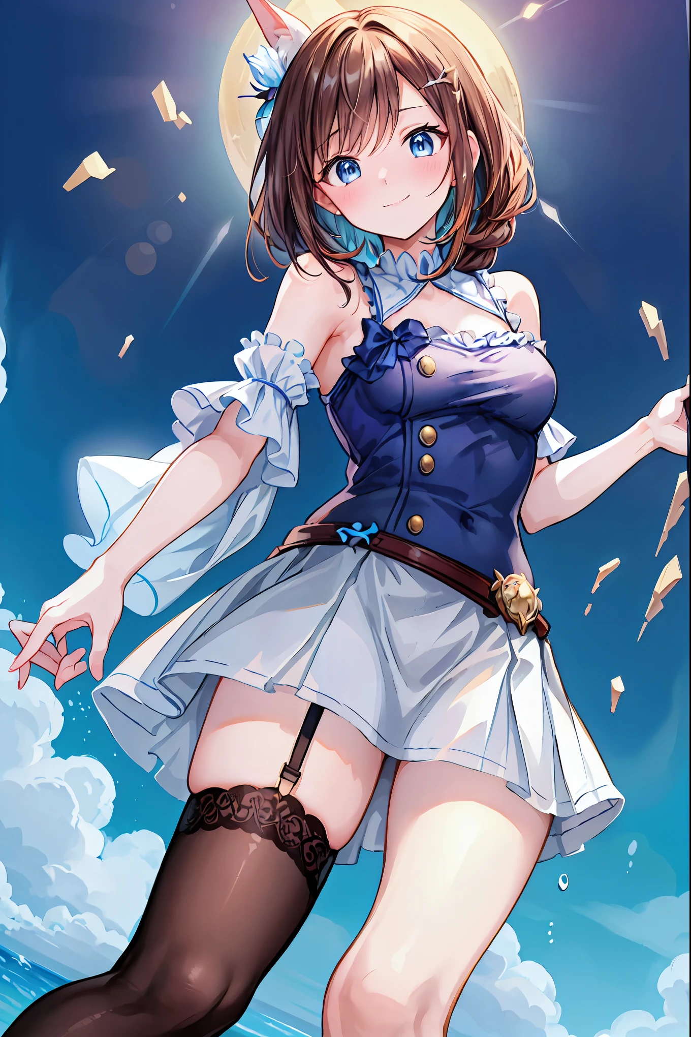 highest quality、cinematic lighting、idol woman、yellow fancy dress、mini skirt、colorful butterflies々feather、Smile、decide on a pose、