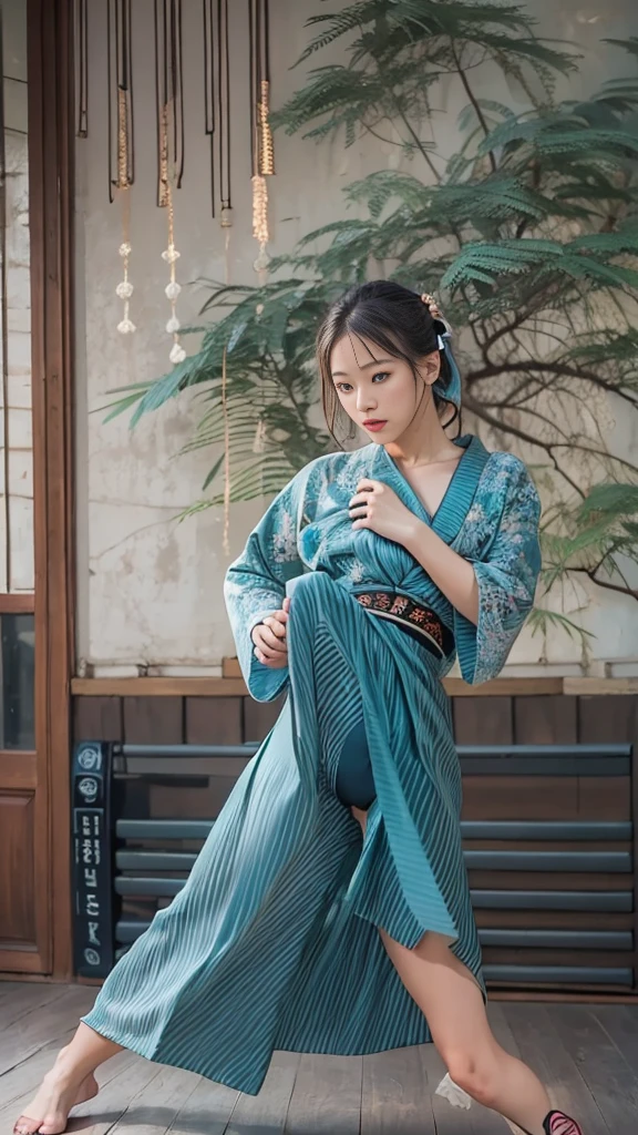 ベトナムのBlue Ao Dai衣装を着て、(Blue Ao Dai,Long and large slit),Japanese woman doing a high kick、(Long legs、Model body type,Large Breasts)、Legs kicked high above the head,Her legs are beautiful and long。Front View,Full body portrait,Martial arts practice in a beautiful grand martial arts room,