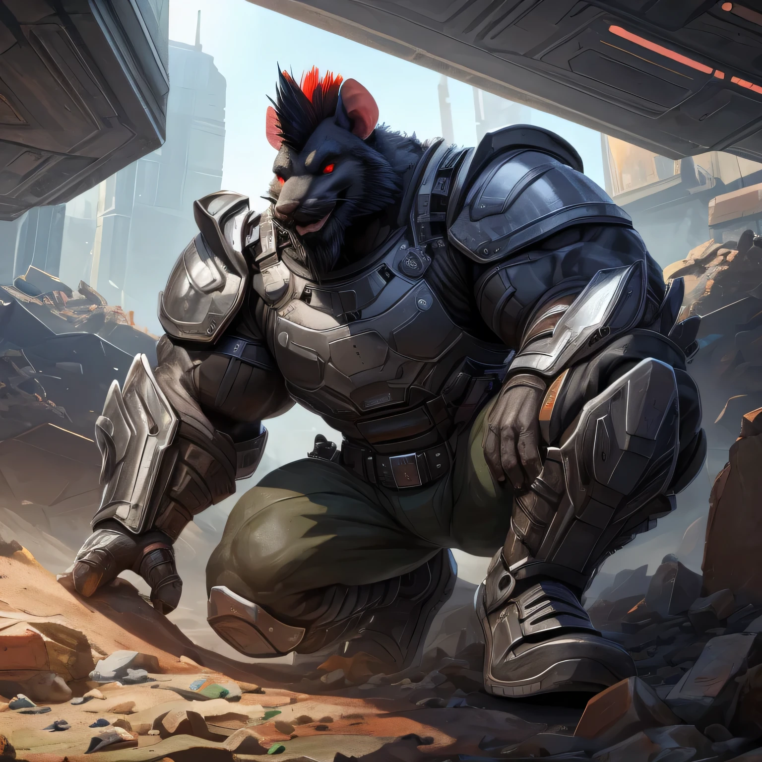 An anthropomorphic badass mutant rat (realistic, detailed, american shot, 1 meters tall, very small, extremely thick large oversized arm muscles, rat head (rat head, black thick full mustache, black thick trimmed midlong full beard,black thick mohawk hairstyle, bright red eyes, black fur) black fur, wears a grey futuristic military heavy armor, wears a futuristic grey armored pant, wears futuristic black military boots, wears a grey futuristic military heavy armor, his arms muscles are extremely thick large and oversized) crouched, searching through rubbish pile for artifacts in dark and foggy sewers.