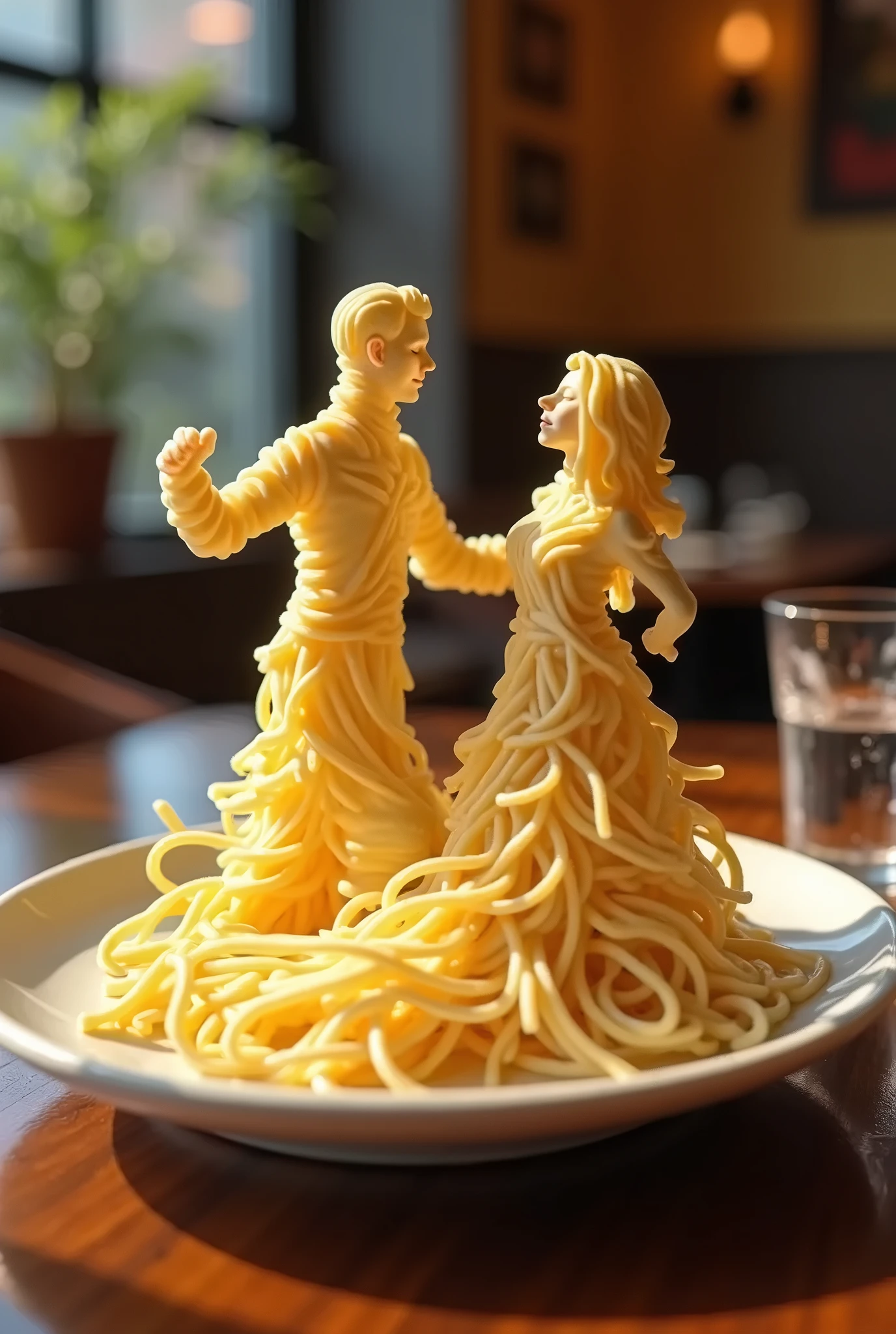 A whimsical miniature figure composed of delicately arranged noodles couple (male and female), poised in a carefree dance on the rim of a plate, white shiny plate, set on a table, vibrant kitchen backdrop, where dappled sunlight filters through the canopy above, casting intricate shadows. The overall aesthetic is ethereal, with warm, earthy tones of sienna, umber, infused with hints of emerald and golden light, evoking a sense of wonder and enchantment, as if plucked from a fantastical realm. Luma Labs Ai prompt - " A human like figure made of noodles man and woman dancing.