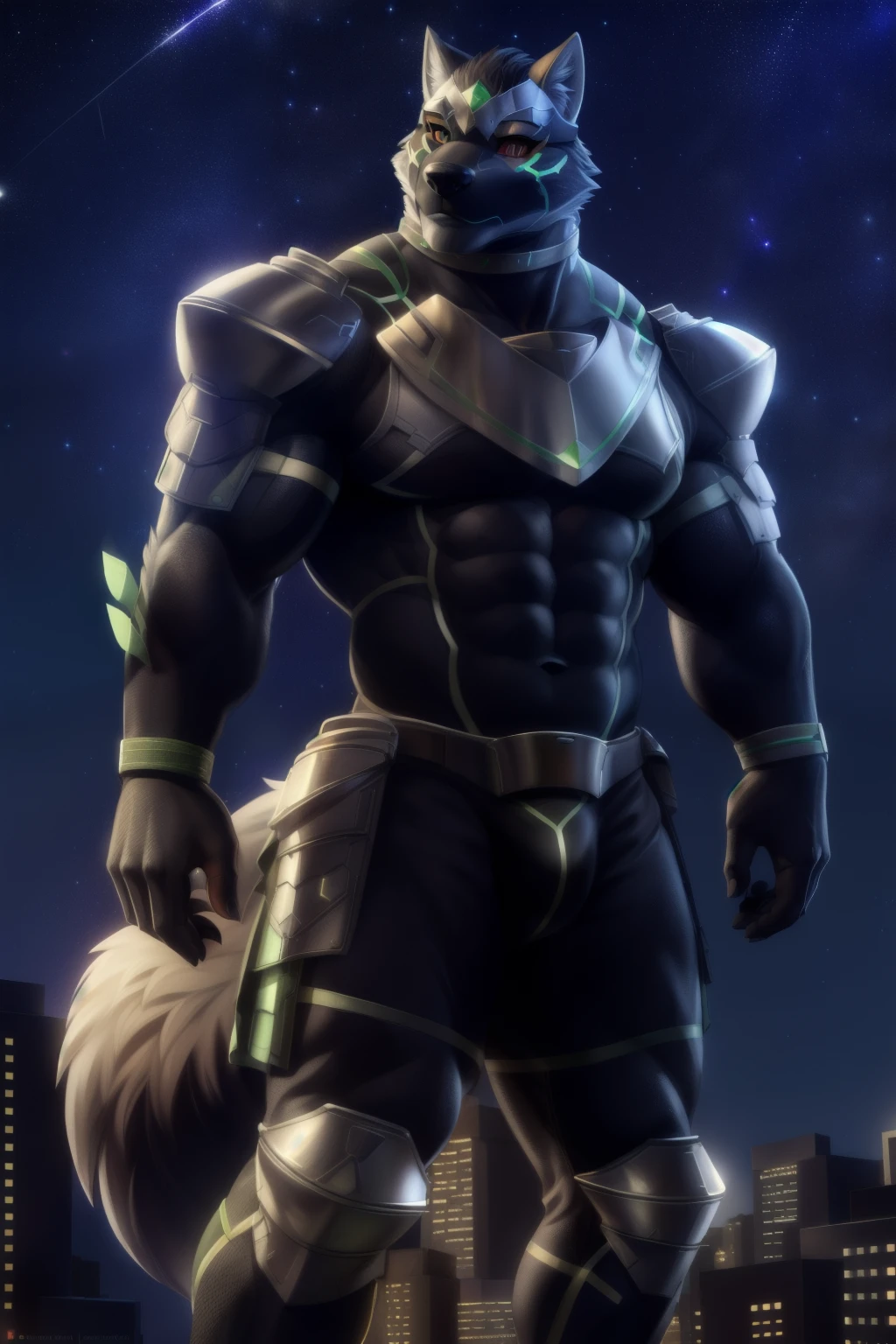 monomasa, muscular, (detailed eyes, black pupils, green eyes, (red sclera)), wolf tail, (soft shading), 4k, hi res, five fingers, detailed hands, ((detailed face, (detailed eyes:1.0), detailed)), (full body), by zackarry911, by zaush, (by personalami:0.5), looking at viewer, 1boy, navel, male, thighs, sky, armor, bodysuit, night, thick thighs, abs, shoulder armor, star (sky), night sky, starry sky, bulge, leg armor, mask, helmet, macro, miniscule city