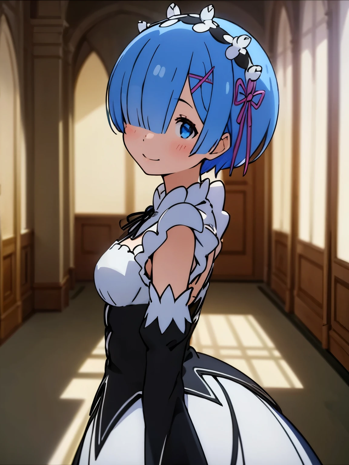 Very beautiful girl, Maid uniform, Shortcuts, Remのメイド衣装, Blue Hair, smile, Re:Starting Life in Another World from Zero, Rem, Face Light, Dynamic Lighting, Cinema Lighting, Professional Shadow