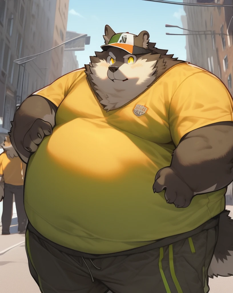 nj5furry, lobo, anthropo, male, brown fur, yellow eyes, round face, obese, big man breasts, wearing an orange t-shirt with green straps, wearing baggy sweatpants, Wallet chain, white chain on sports pants, wearing green snapback hat, trusted, presumed, Outdoors, street, day, anatomically correct