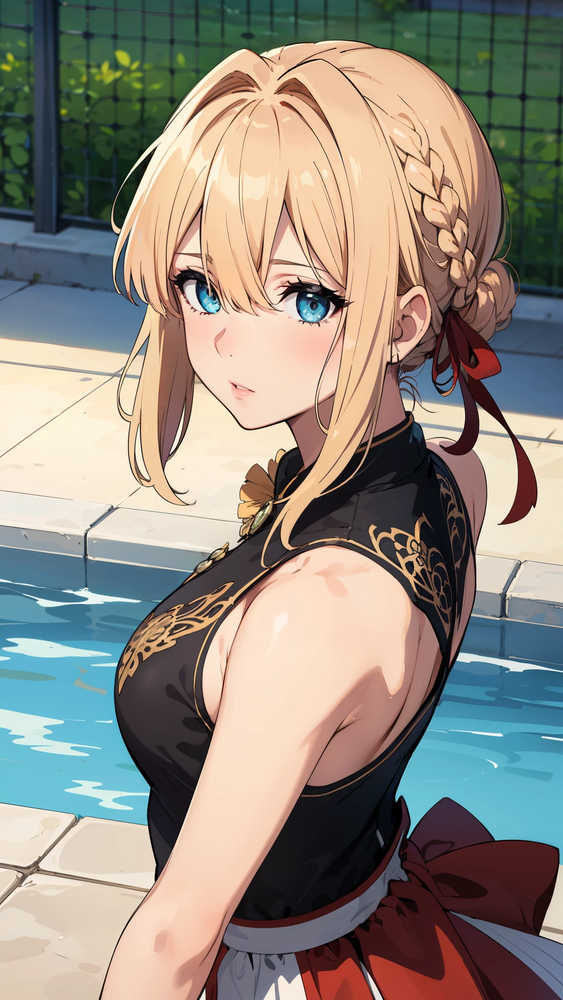 violet evergarden, braid, hair ribbon, red ribbon, jewelry,
BREAK (sports yoga Feminine dress themed adorned with an intricate cute design and Feminine medium skirt:1.2), 
BREAK Real Summer,Daytime,sunny、Upper Body:1.2,、Slender body,Destroy outdoors, School,Pool,looking at viewer,On all foursになって,From above: Change the angle,
BREAK (masterpiece:1.2), best quality, high resolution, unity 8k wallpaper, (illustration:0.8), (beautiful detailed eyes:1.6), extremely detailed face, perfect lighting, extremely detailed CG, (perfect hands, perfect anatomy),