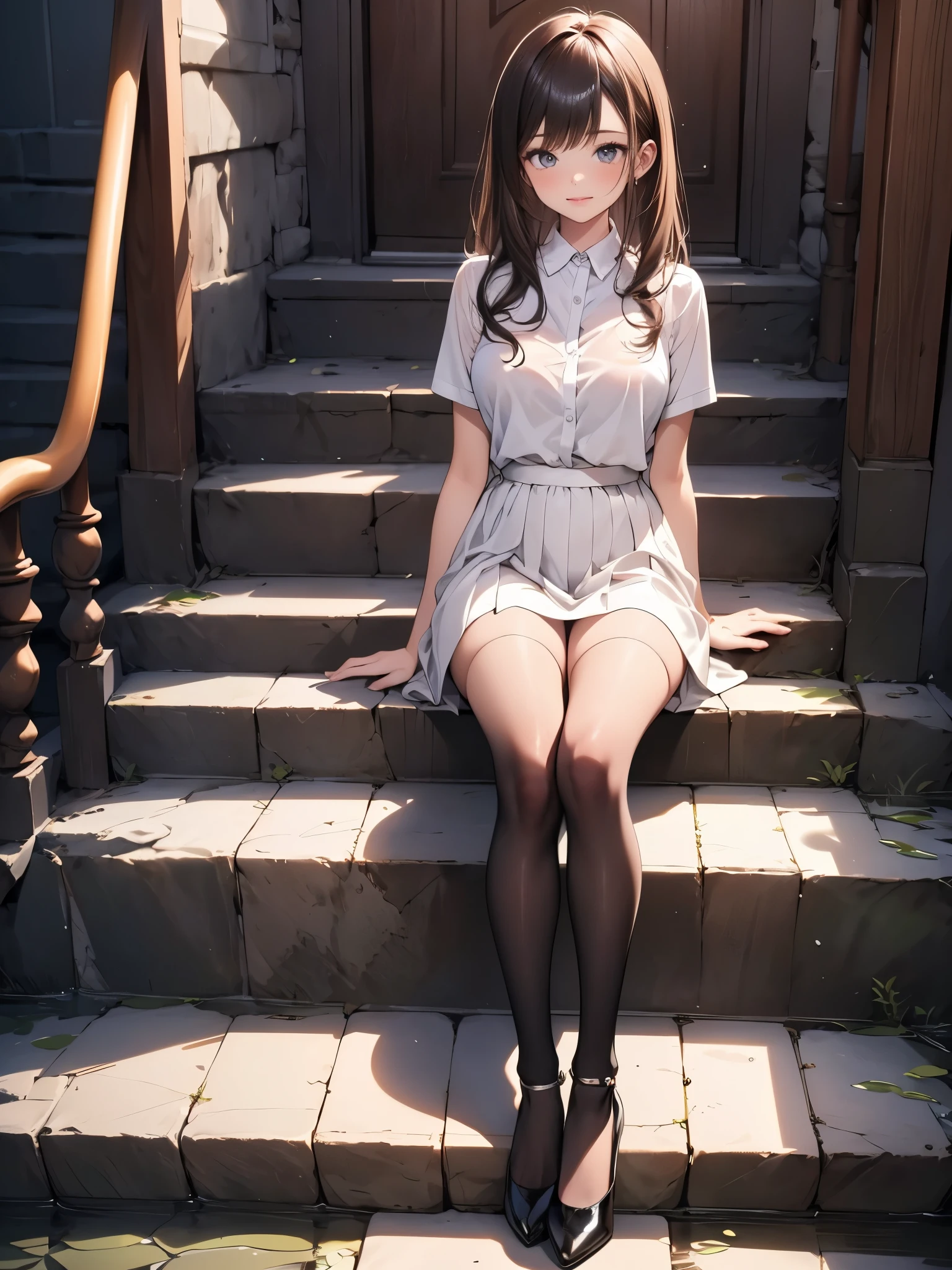 Stairs in the house、sitting on stairs、Girl in white blouse and tight skirt、