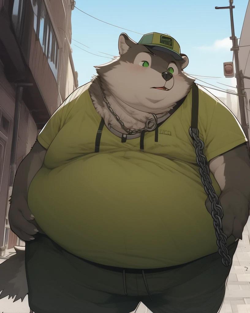 nj5furry, lobo, anthropo, male, brown fur, green eyes, round face, obese, big man breasts, wearing an orange t-shirt, wearing green suspenders, wearing baggy sweatpants, Wallet chain, chain on the neck, white chain on sports pants, wearing green snapback hat, trusted, presumed, Outdoors, street, day, anatomically correct