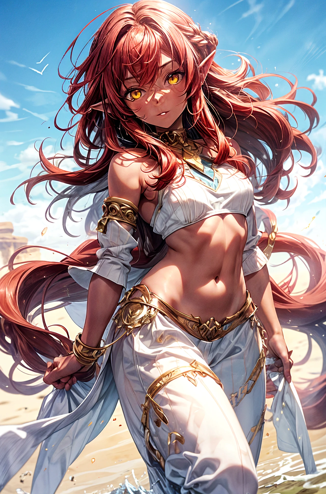 (master piece),(super fine illustration),anime,black Arabian dancer girl,upturned eyes,cleavage,Ethnic Print,Cutwork,red hair,Happiness smile,smug,sand land,raise one leg,perky breasts,midriff baring outfit ,tanned skin,lips,Belly dance pose,sunset right,