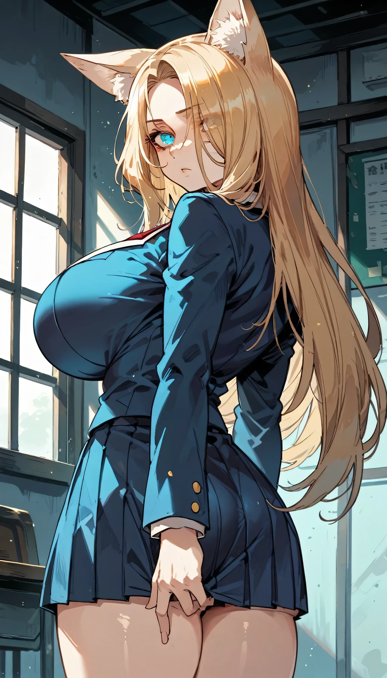 Cold Stare,(Fox Ears),(forehead,long hair over one eye),((side parted hair)),((huge breasts)),((Narrow eyes,Clear Eyes,Perfect Eyes)),Blonde,Long Hair,Old room,Magic School Uniform,Delinquent Girl,gal,mini skirt, clothes are exposed,from behind,back view