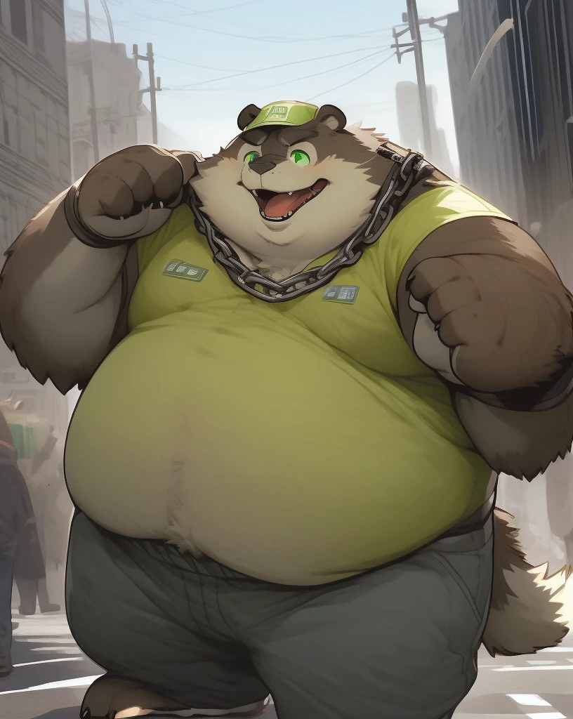 nj5furry, lobo, anthropo, male, brown fur, green eyes, round face, obese, big man breasts, wearing an orange sleeveless t-shirt, wearing green suspenders, wearing baggy sweatpants, Wallet chain, chain on the neck, white chain on sports pants, wearing green trucker cap, trusted, presumed, Outdoors, street, day, anatomically correct