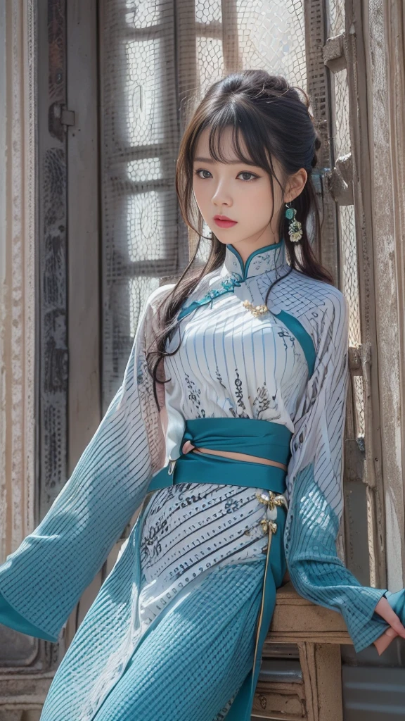 Wearing a Vietnamese blue ao dai costume、(Simple blue ao dai,Long and large slit),Japanese woman doing a high kick、(Long legs、Model body type,Large Breasts)、Legs kicked high above the head,Her legs are beautiful and long。Front View,Full body portrait,Martial arts practice in a beautiful grand martial arts room,One girl, High resolution, masterpiece, accurate, Anatomically correct, 最high quality, Winner of numerous awards, High detail, High-resolution model, high quality, Very detailed, Ultra high definition, Textured skin, Retina, Black Hair, 