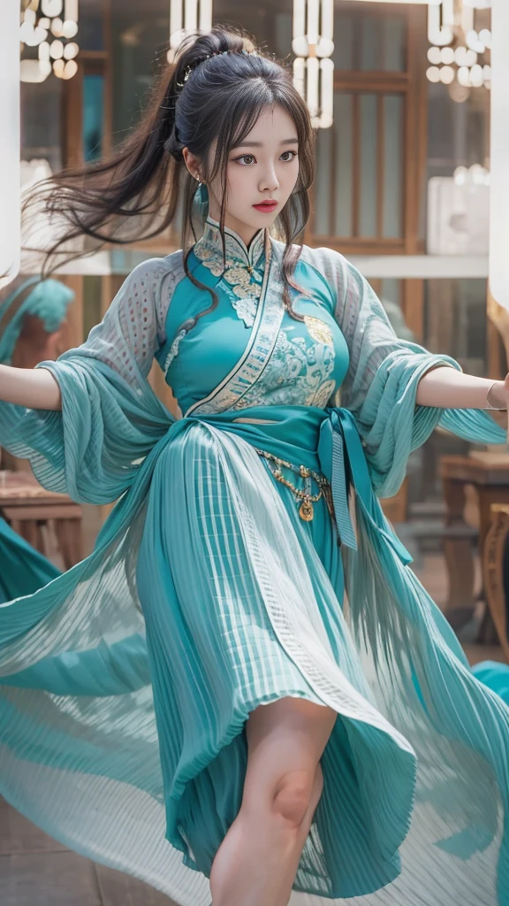 Wearing a Vietnamese blue ao dai costume、(Simple blue ao dai,Long and large slit),Japanese woman doing a high kick、(Long legs、Model body type,Large Breasts)、Legs kicked high above the head,Her legs are beautiful and long。Front View,Full body portrait,Martial arts practice in a beautiful grand martial arts room,One girl, High resolution, masterpiece, accurate, Anatomically correct, 最high quality, Winner of numerous awards, High detail, High-resolution model, high quality, Very detailed, Ultra high definition, Textured skin, Retina, Black Hair, 