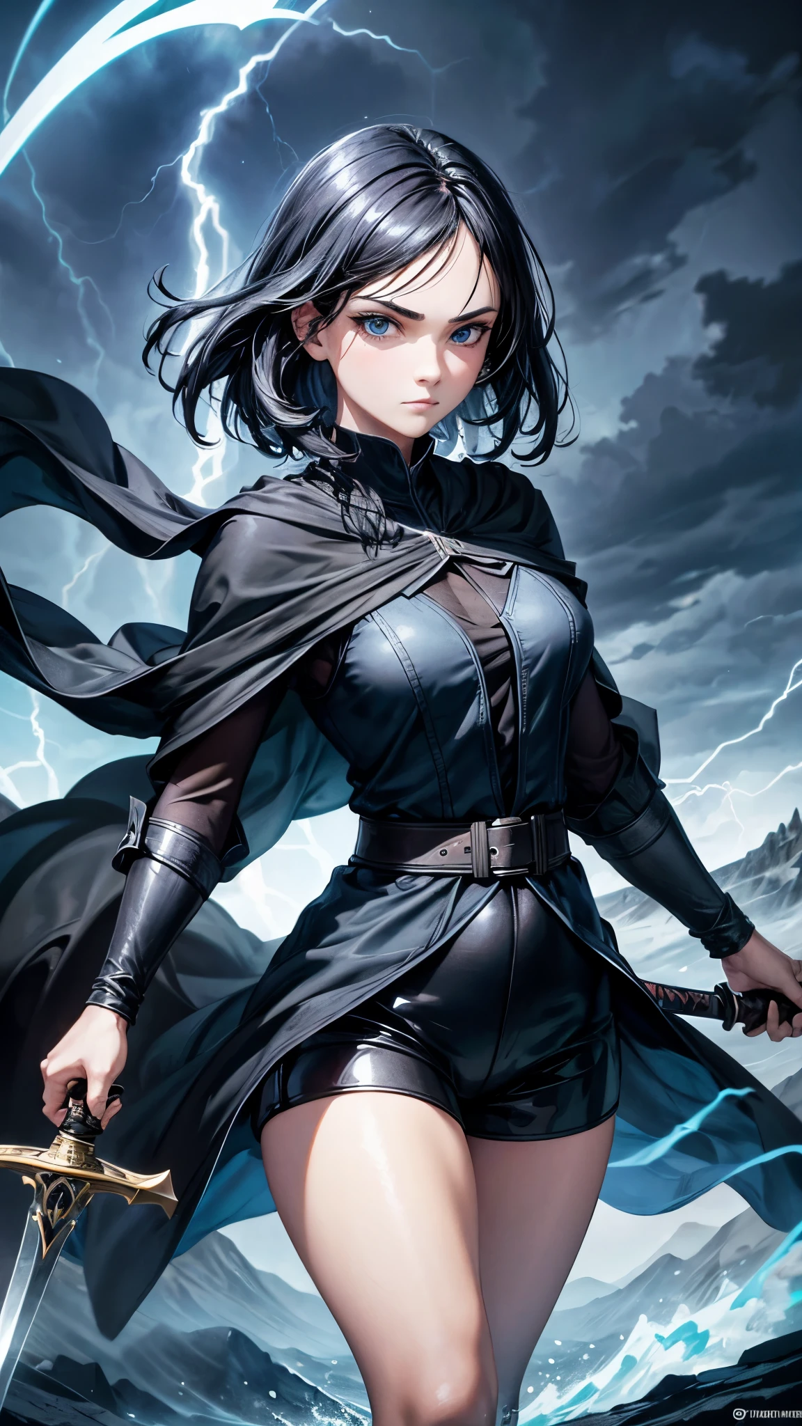 1girl, highly detailed, masterpiece, best quality, correct hands, short black hair, blue eyes, black robes, black pants, blue shirt, black vest, medium breasts, defined curves, smug look, satisfied look, mountain background, storm, lightning, holding a sword, staff, floating, stormy atmosphere, surrounded by lightning, 