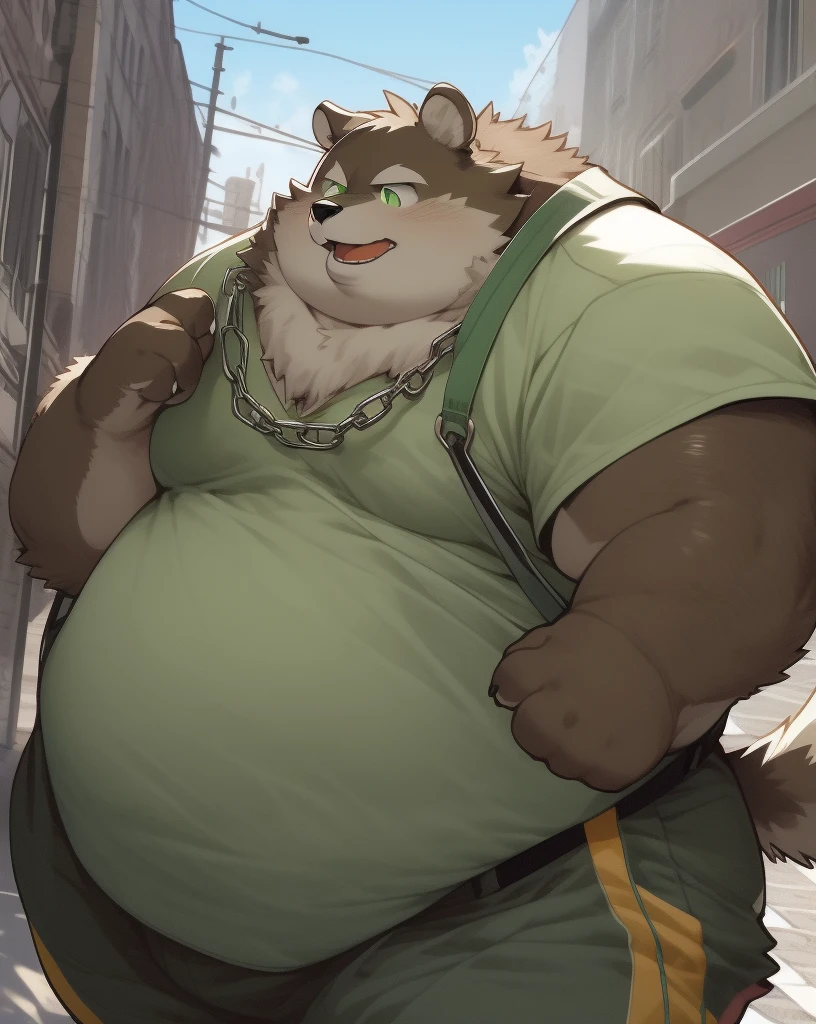 nj5furry, lobo, anthropo, male, brown fur, green eyes, round face, obese, big man breasts, wearing an orange sleeveless t-shirt, wearing green suspenders, wearing baggy sweatpants, Wallet chain, chain on the neck, white chain on sports pants, wearing green trucker cap, trusted, presumed, Outdoors, street, day