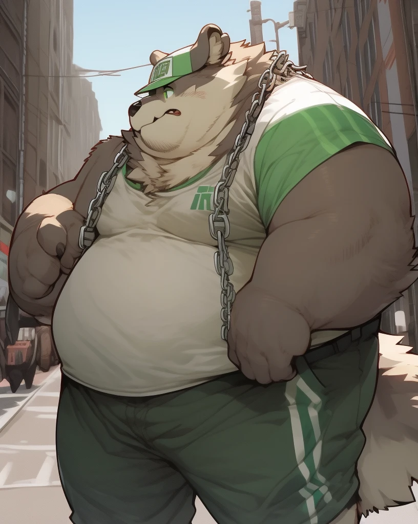 nj5furry, lobo, anthropo, male, brown fur, green eyes, round face, obese, big man breasts, wearing a red tank top, wearing green suspenders, wearing baggy sweatpants, Wallet chain, chain on the neck, white chain on sports pants, wearing green trucker cap, trusted, presumed, Outdoors, street, day