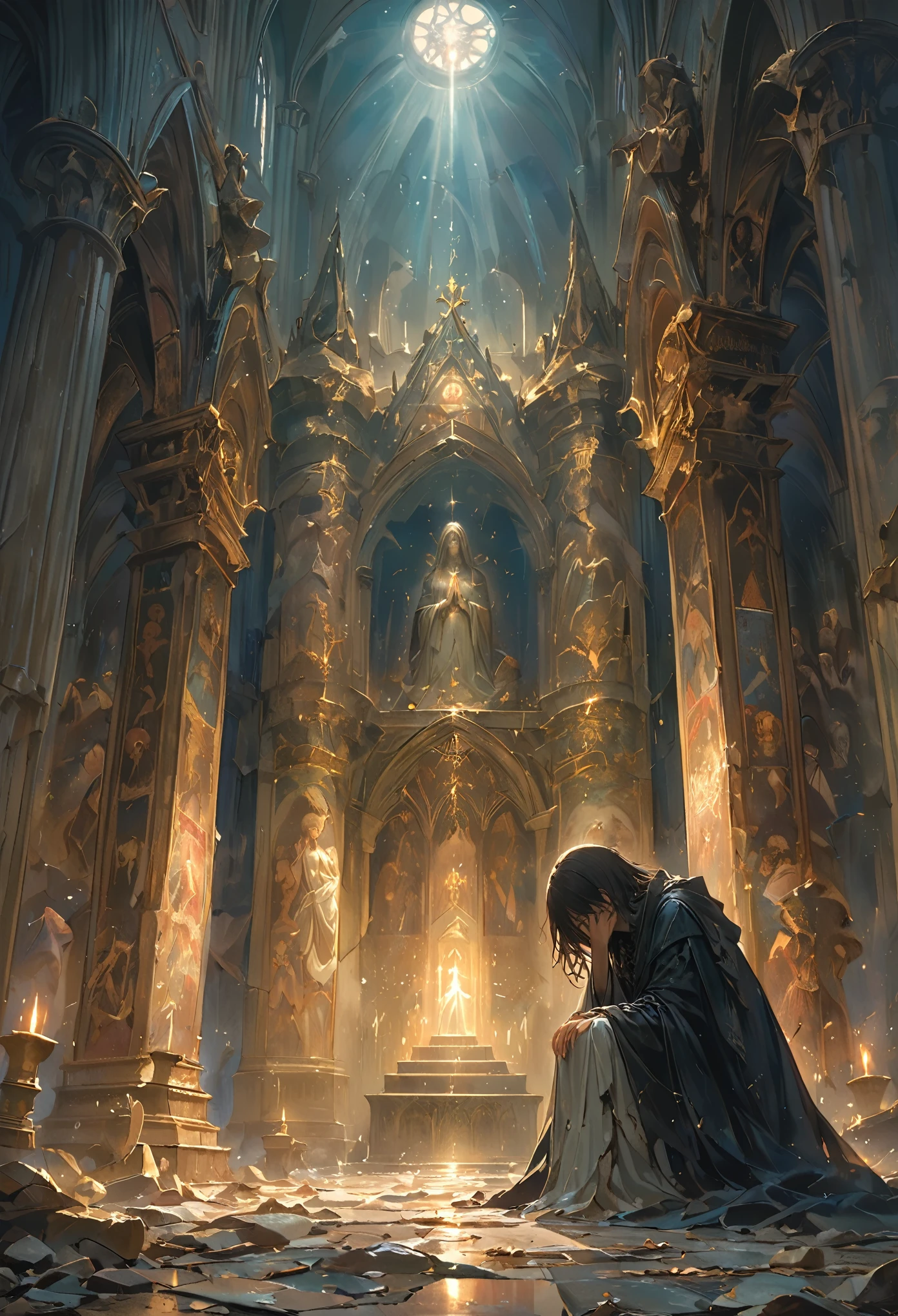 In a dimly lit cathedral, with towering stone columns and high-vaulted ceilings, a solitary figure kneels before a massive statue of a deity, their hands clasped tightly in prayer, a tattered black cloak drapes over their shoulders, hiding their face, a single beam of moonlight shines down from a broken window above, casting an eerie glow on their hunched form, their voice is a soft whisper, filled with curses and pleas for vengeance, the walls are adorned with faded religious murals, depicting scenes of both salvation and suffering, the silence of the cathedral is heavy, almost suffocating, as the figure’s voice becomes a growl, filled with anger and desperation.