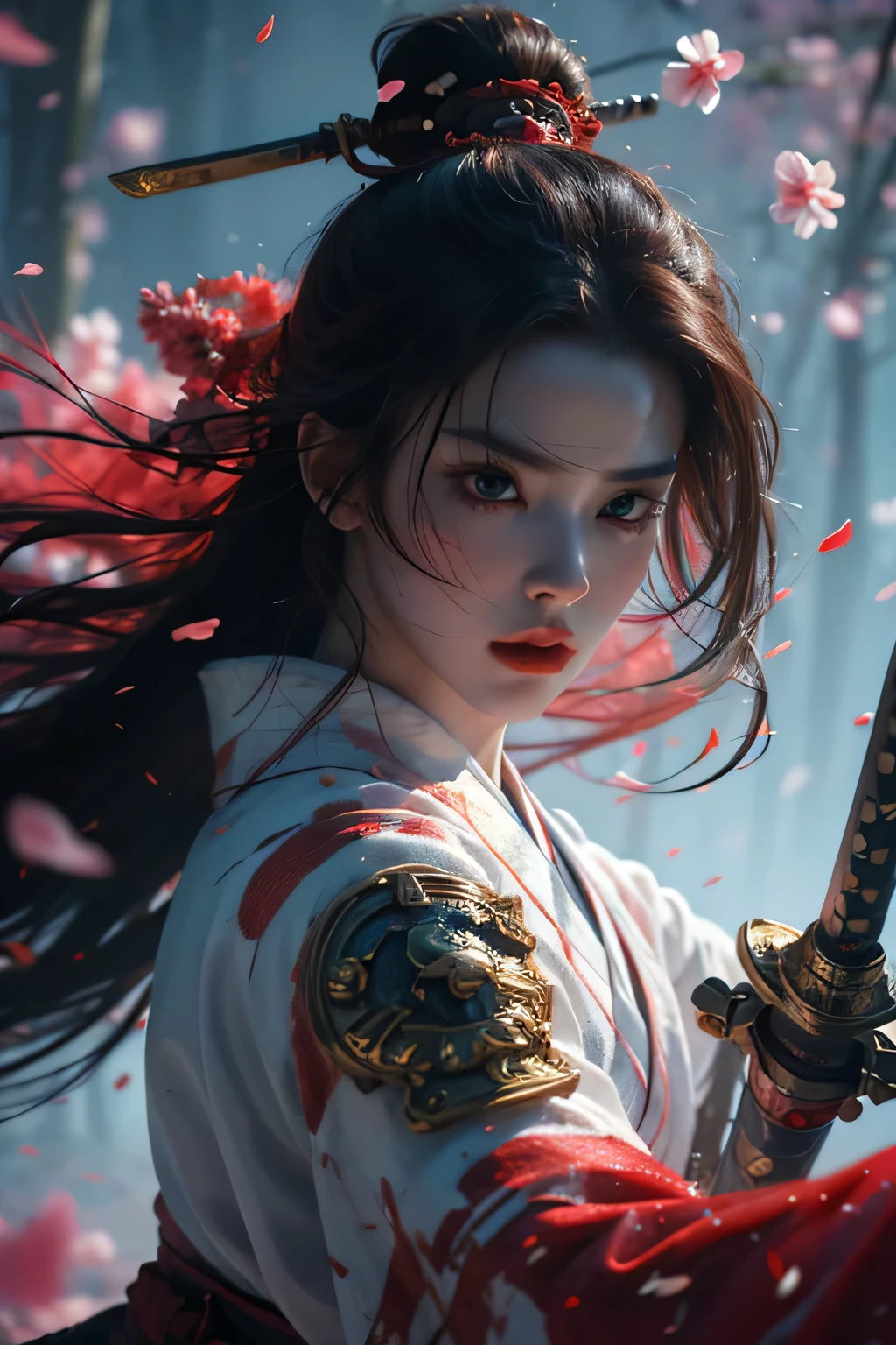 upper body,holding sword, (masterpiece, best quality, high quality, highres, ultra-detailed),
“Create an image of a beautiful the face more detailed and realistic beauty standards of female samurai warrior in red traditional Japanese attire, holding a sharp katana in a dramatic and action-oriented pose. The background is futuristic art style minimalistic with gold and white splatters in an realistic abstract style, depicting a fierce battle scene. The art style should be modern art style, featuring bold lines, dramatic colorful coloring, and stylized realism.  8k and high-res