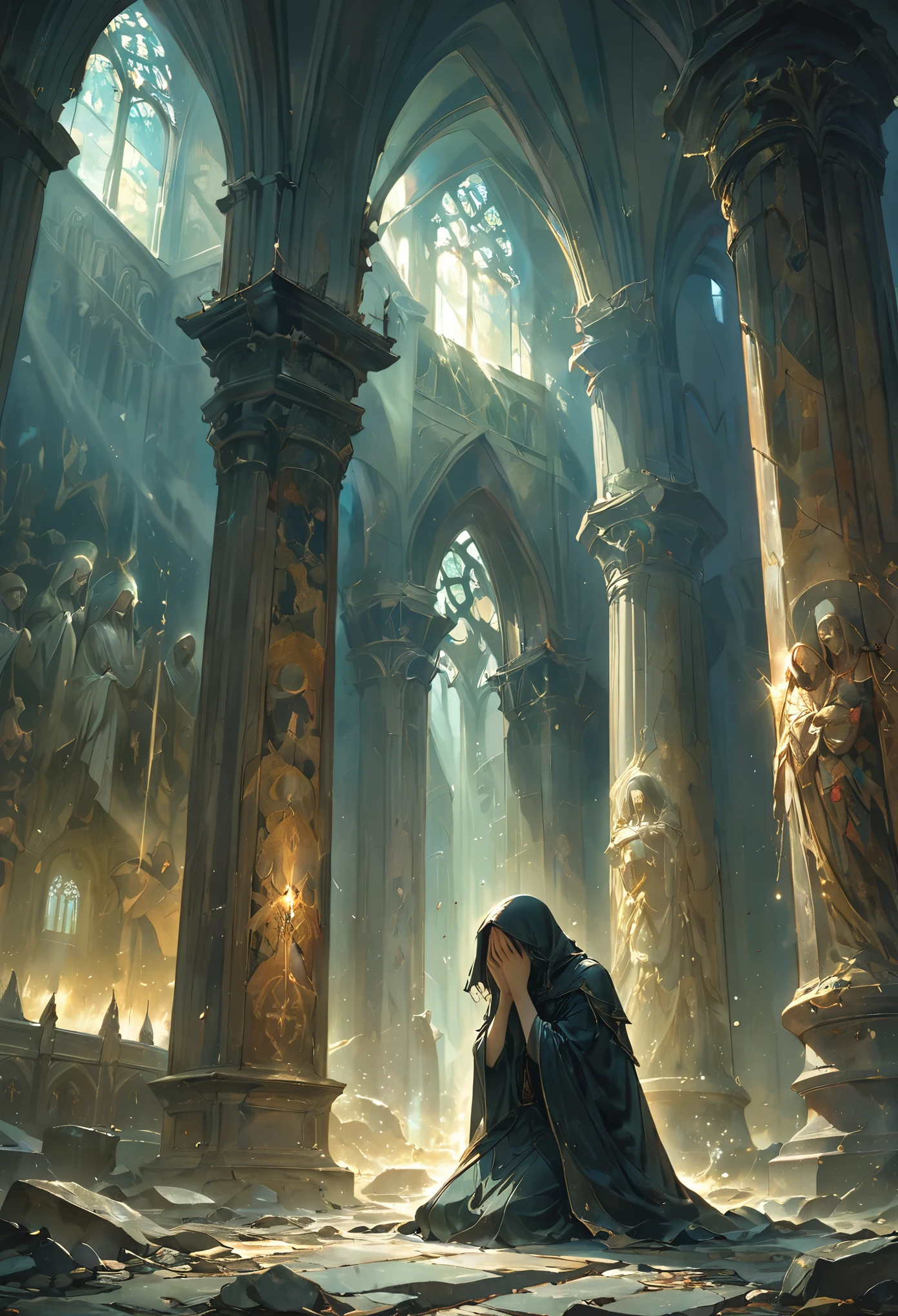 In a dimly lit cathedral, with towering stone columns and high-vaulted ceilings, a solitary figure kneels before a massive statue of a deity, their hands clasped tightly in prayer, a tattered black cloak drapes over their shoulders, hiding their face, a single beam of moonlight shines down from a broken window above, casting an eerie glow on their hunched form, their voice is a soft whisper, filled with curses and pleas for vengeance, the walls are adorned with faded religious murals, depicting scenes of both salvation and suffering, the silence of the cathedral is heavy, almost suffocating, as the figure’s voice becomes a growl, filled with anger and desperation.