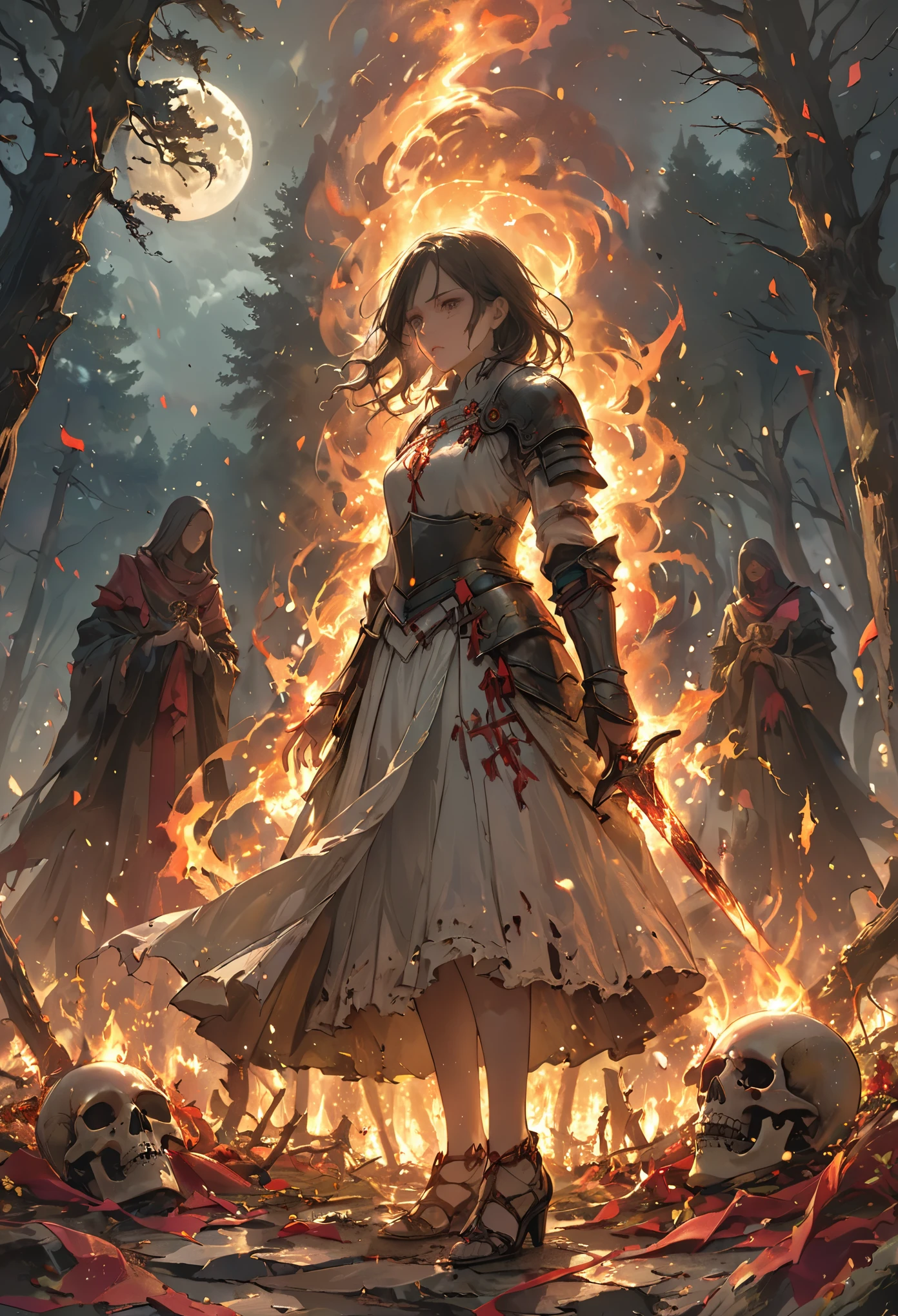 A moonlit forest clearing, surrounded by twisted, leafless trees, at the center, a young woman stands before a makeshift shrine, her face is marked with ritualistic symbols, her eyes are hollow and filled with rage, holding a burning torch in one hand and a jagged dagger in the other, the shrine is constructed of bones, tattered cloth, and religious icons defaced and scorched, the flames of the torch flicker wildly, casting unsettling shadows on the ground, around her feet are offerings — blood-stained herbs, broken religious charms, and pieces of armor from fallen soldiers, the woman’s expression is one of hatred and loneliness, as she raises the dagger toward the shrine, a vow of revenge on her lips.