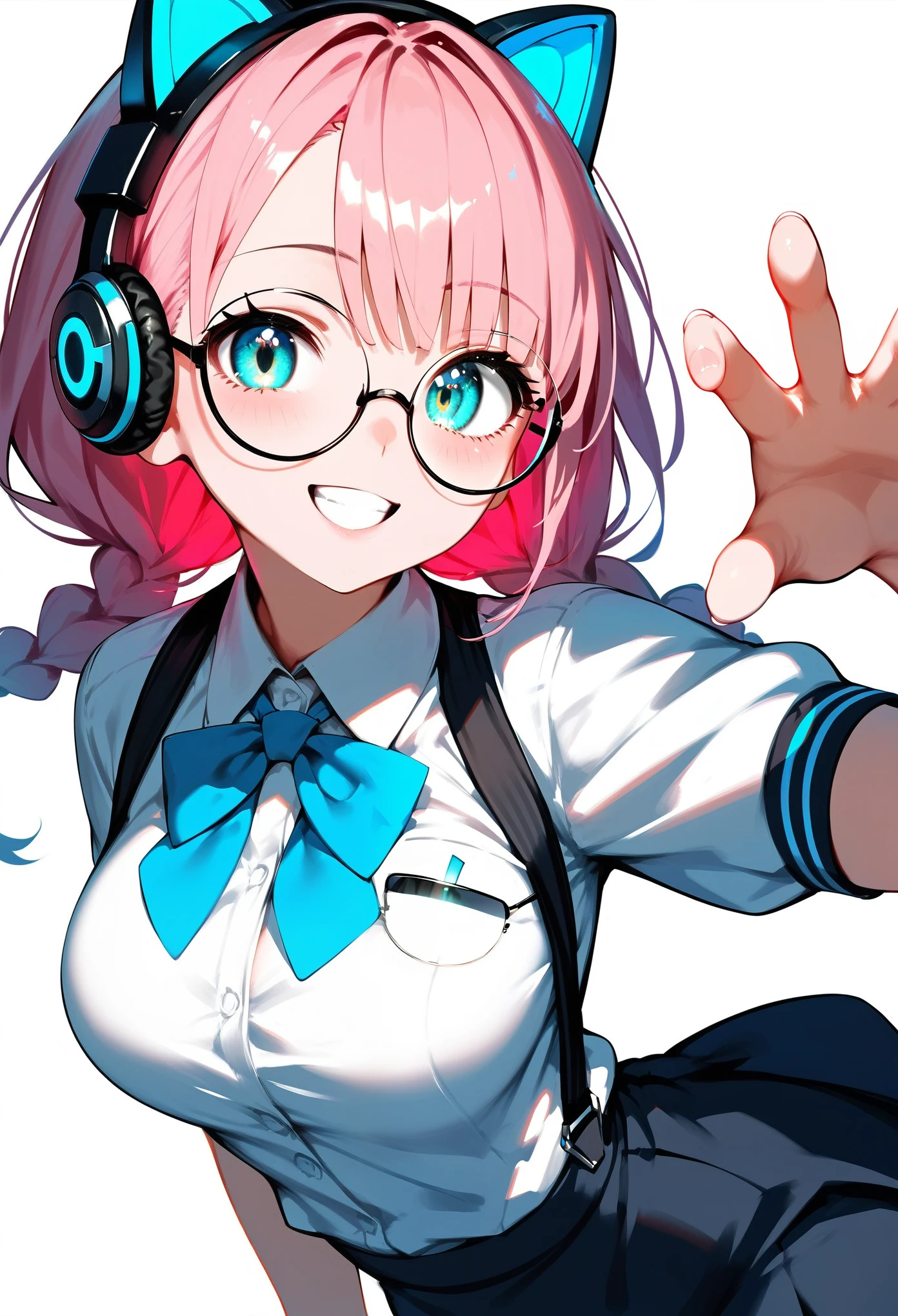  (best quality:1.2), (ultra-detailed:1.2), (2.5D:1.2), (Anime Moe Art Style), 1girl , pink hair,  Cyan eyes, gradient eyes, twin braids, blue Glowing cat ear headphones, black round glasses, secretary suit, smile beam, hand on own chest, dynamic pose, (white background:1.3)