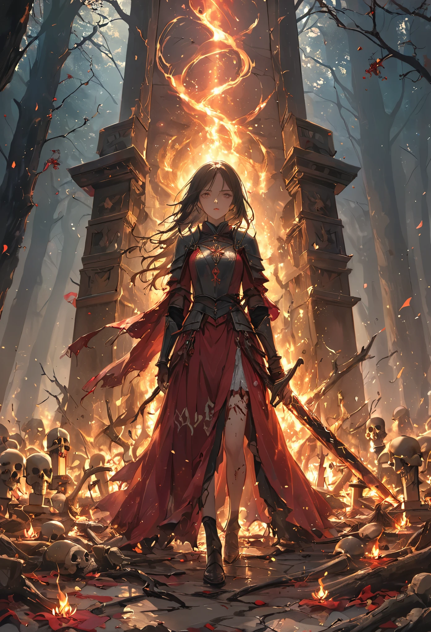 A moonlit forest clearing, surrounded by twisted, leafless trees, at the center, a young woman stands before a makeshift shrine, her face is marked with ritualistic symbols, her eyes are hollow and filled with rage, holding a burning torch in one hand and a jagged dagger in the other, the shrine is constructed of bones, tattered cloth, and religious icons defaced and scorched, the flames of the torch flicker wildly, casting unsettling shadows on the ground, around her feet are offerings — blood-stained herbs, broken religious charms, and pieces of armor from fallen soldiers, the woman’s expression is one of hatred and loneliness, as she raises the dagger toward the shrine, a vow of revenge on her lips.