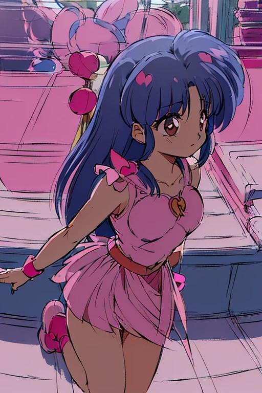 (((Pretty Cure, pink costume, combat, special move, pink hair, long hair, leg-length hair, in the city, 1girl, Solo, Pretty Cure weapon, heart-shaped hair accessory on head, skirt, Magical Girl Lyrical Nanoha, heart-shaped accessory on chest, girl)))