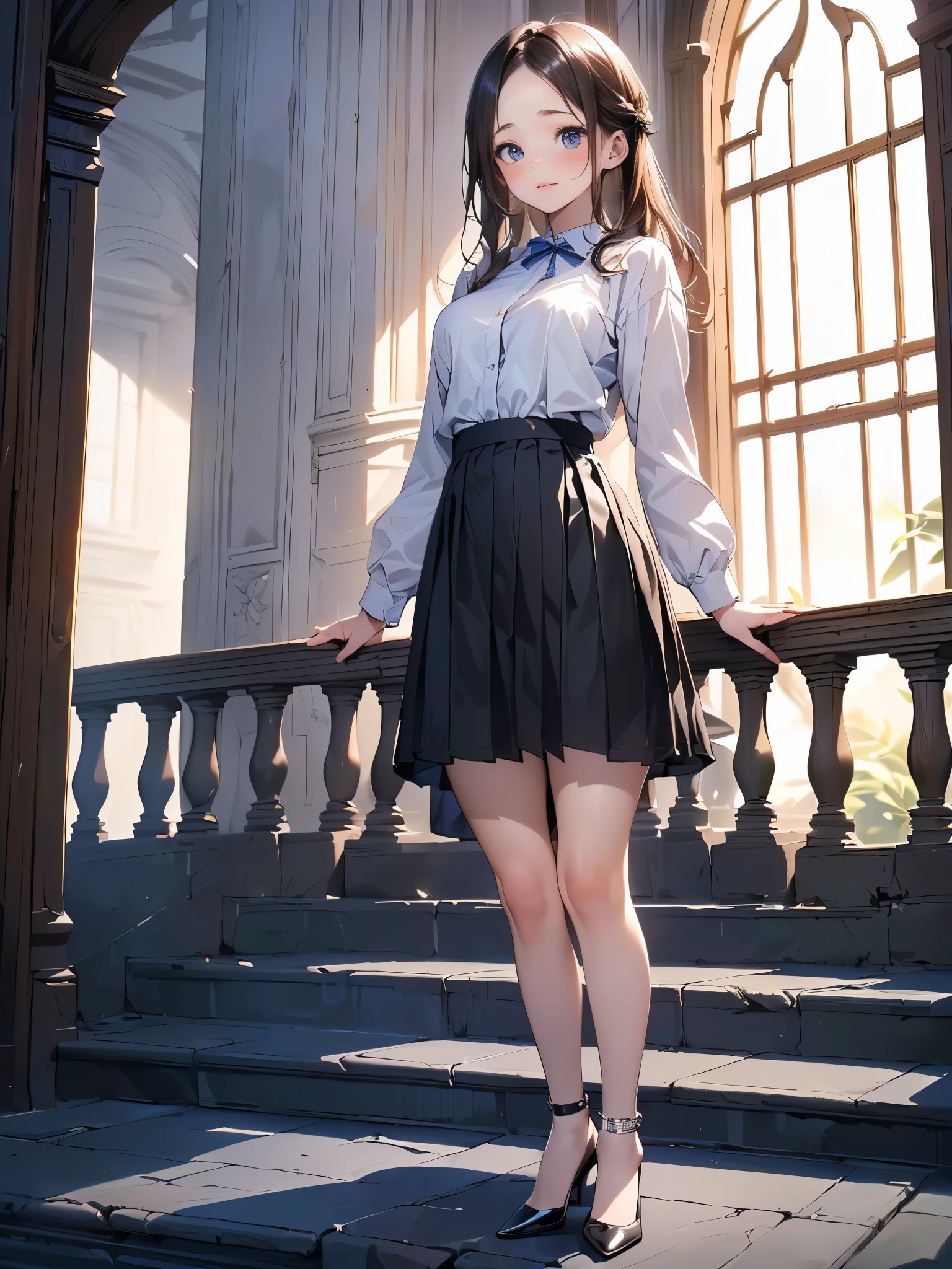 Portrait from the chest up, one girl, schoolgirl in a simple school uniform, 17 years old, serious class president, straight and smooth black hair that reaches to the back, amber eyes, sharp gaze, deep thought, beautiful contours, well-formed features, small nose and beautiful lips, beautiful skin with a sense of transparency, healthy and uniform complexion, slightly peachy skin, height 165 cm, feminine proportions, slender, Feminine curves, healthy, school uniform, blouse, tie, navy blue pleated skirt, neat and elegant, masterpiece, exquisite description, dramatic daylight, defeated image