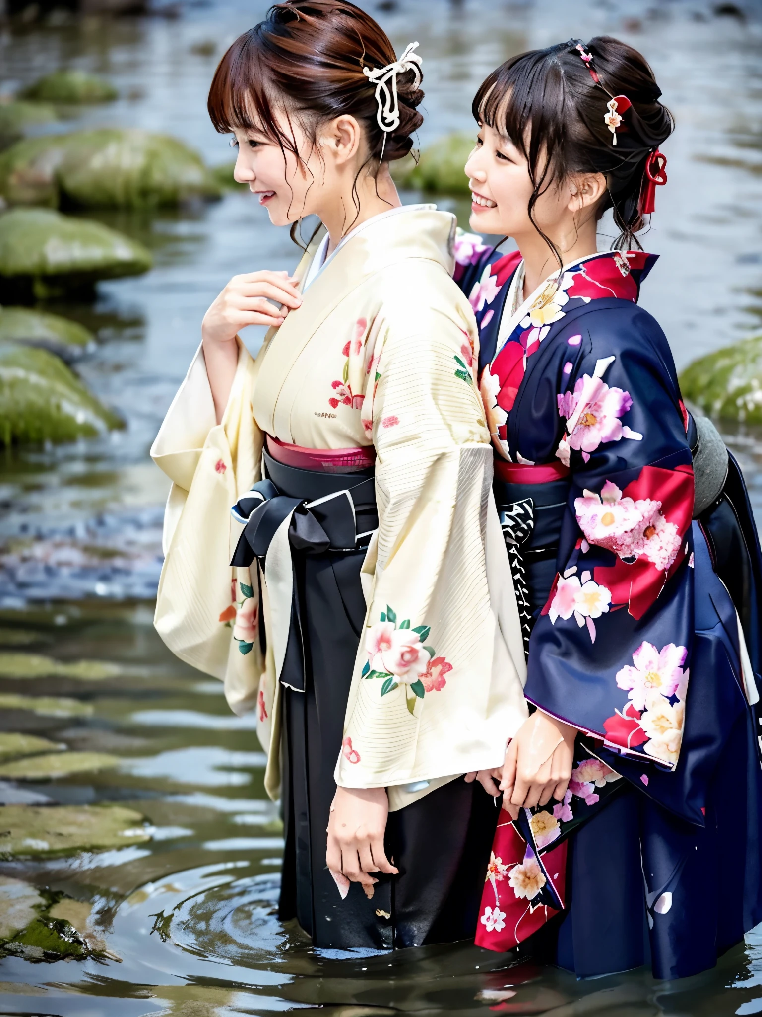 Realistic, long-sleeved kimono, hakama, long hakama, floral kimono, wet clothes, soaking wet clothes, wet and shiny clothes, clothes with a wet texture, clothes clinging to the body, woman submerged in a river, hakama submerged in a river, woman submerged in water, hakama submerged in water, women embracing each other