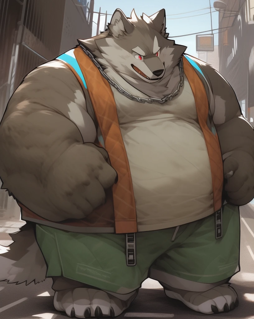 nj5furry, lobo, anthropo, male, brown fur, red eyes, round face, obese, big man breasts, wearing red sleeveless shirt, with green suspenders, wearing baggy sweatpants, Wallet chain, chain on the neck, white chain on sports pants, wearing green trucker cap, trusted, presumed, Outdoors, street, day