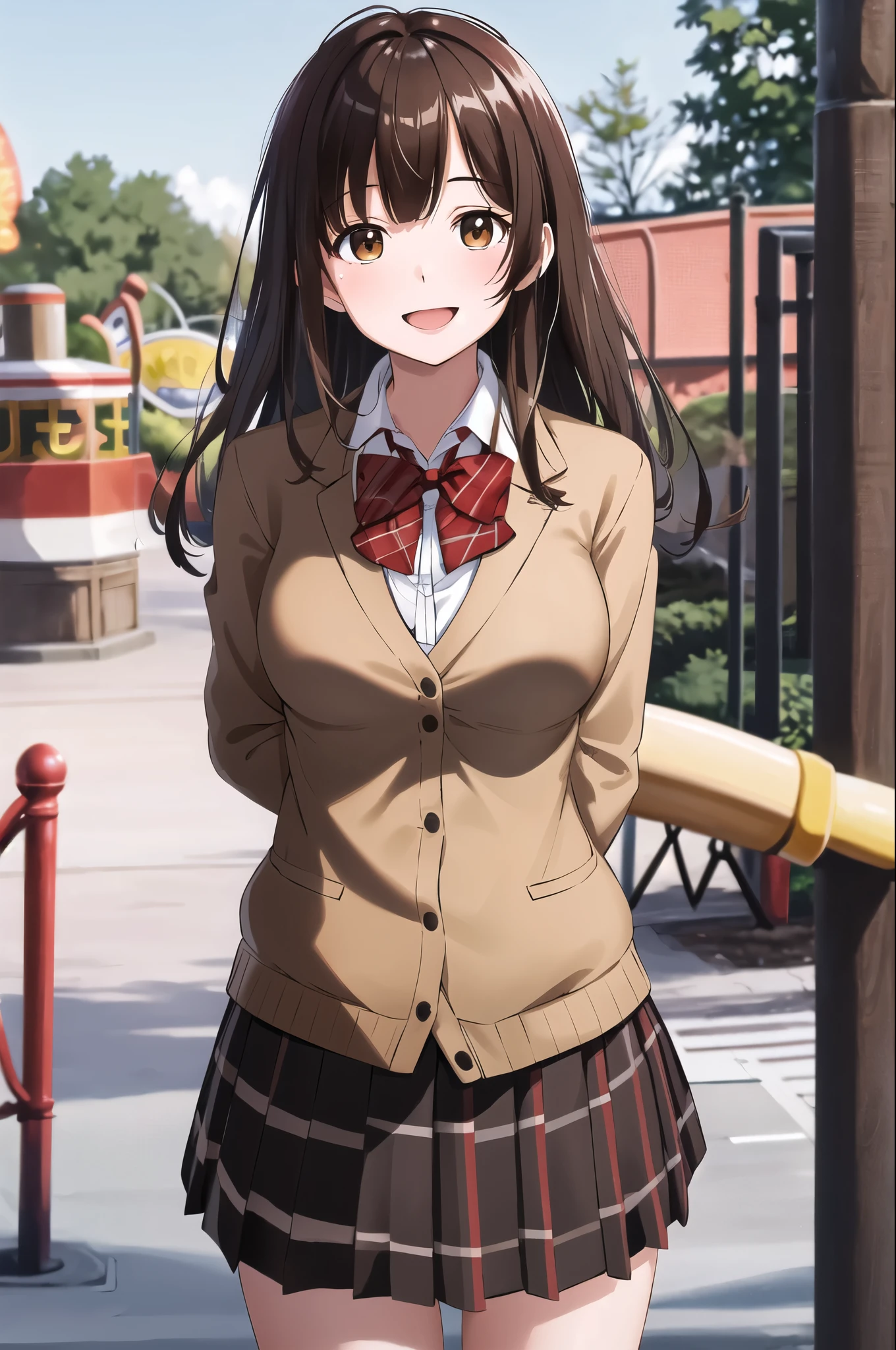 masterpiece, best quality, highres, 1girl, brown hair, long hair, bangs, brown eyes, medium breasts, red bowtie, school uniform, black jacket, open jacket, brown cardigan, white shirt, black skirt, plaid skirt, smile, open mouth, arms behind back, leaning forward, amusement park,