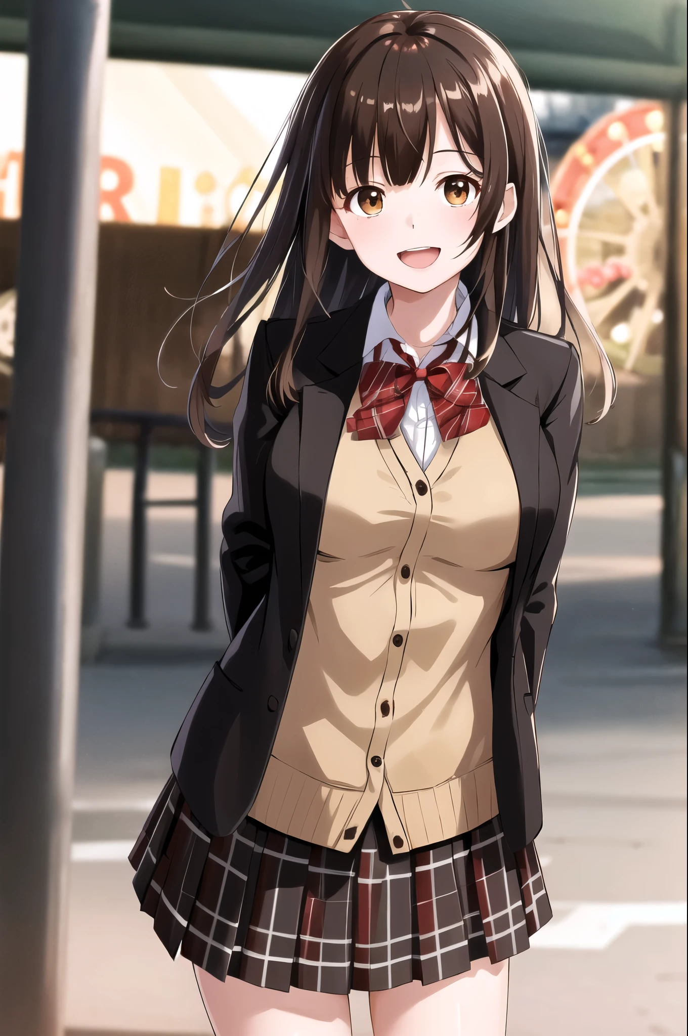 masterpiece, best quality, highres, 1girl, brown hair, long hair, bangs, brown eyes, medium breasts, red bowtie, school uniform, black jacket, open jacket, brown cardigan, white shirt, black skirt, plaid skirt, smile, open mouth, arms behind back, leaning forward, amusement park,